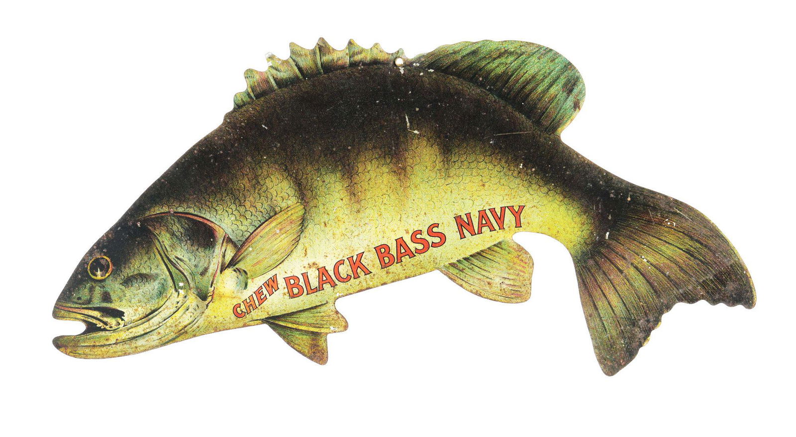 CHEW BLACK BASS NAVY TOBACCO TIN SIGN W/ FISH GRAPHIC. (1 of 2)