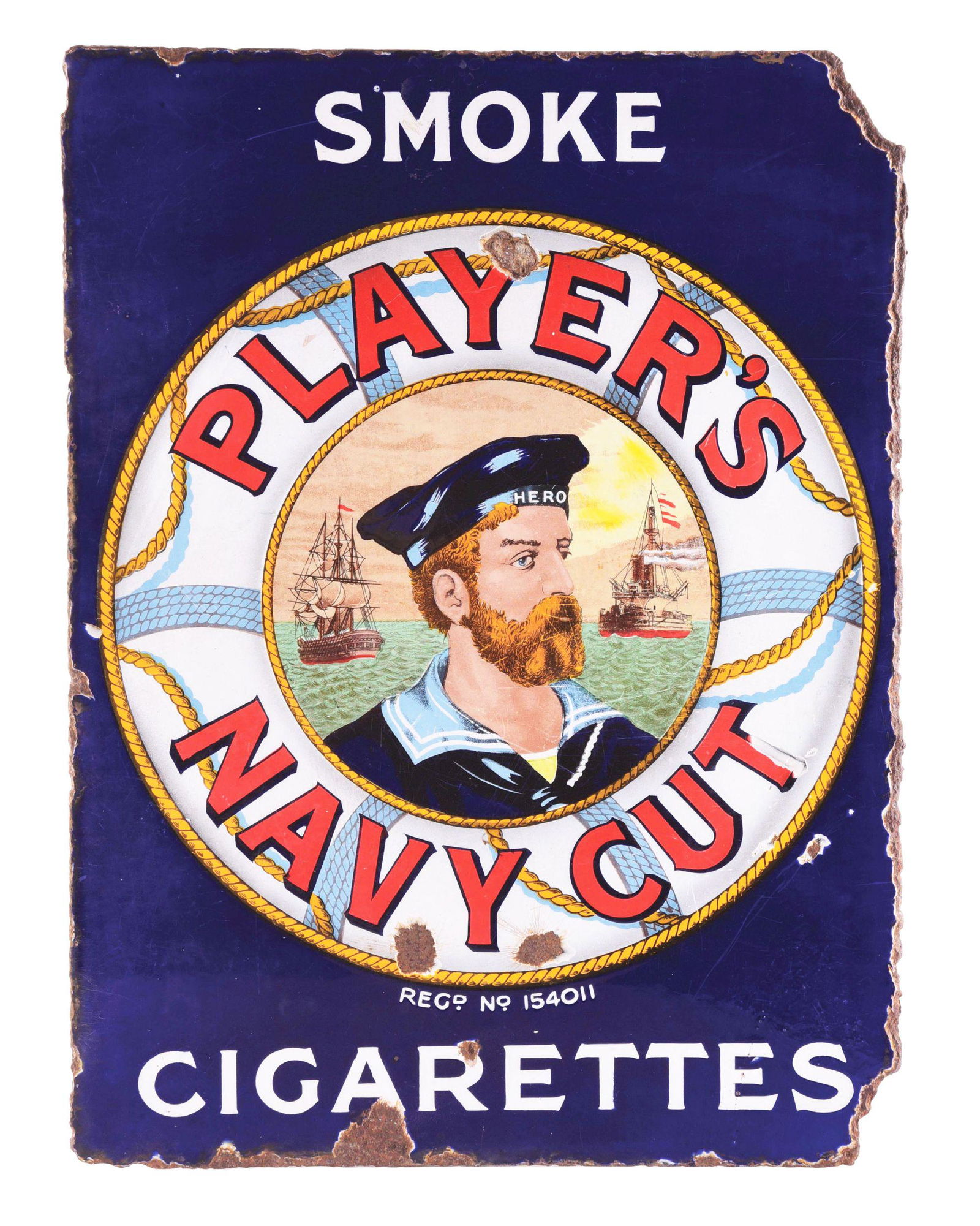PLAYER'S NAVY CUT CIGARETTES DOUBLE-SIDED PORCELAIN SIGN W/ LITHOGRAPHED SAILOR GRAPHIC. (1 of 2)