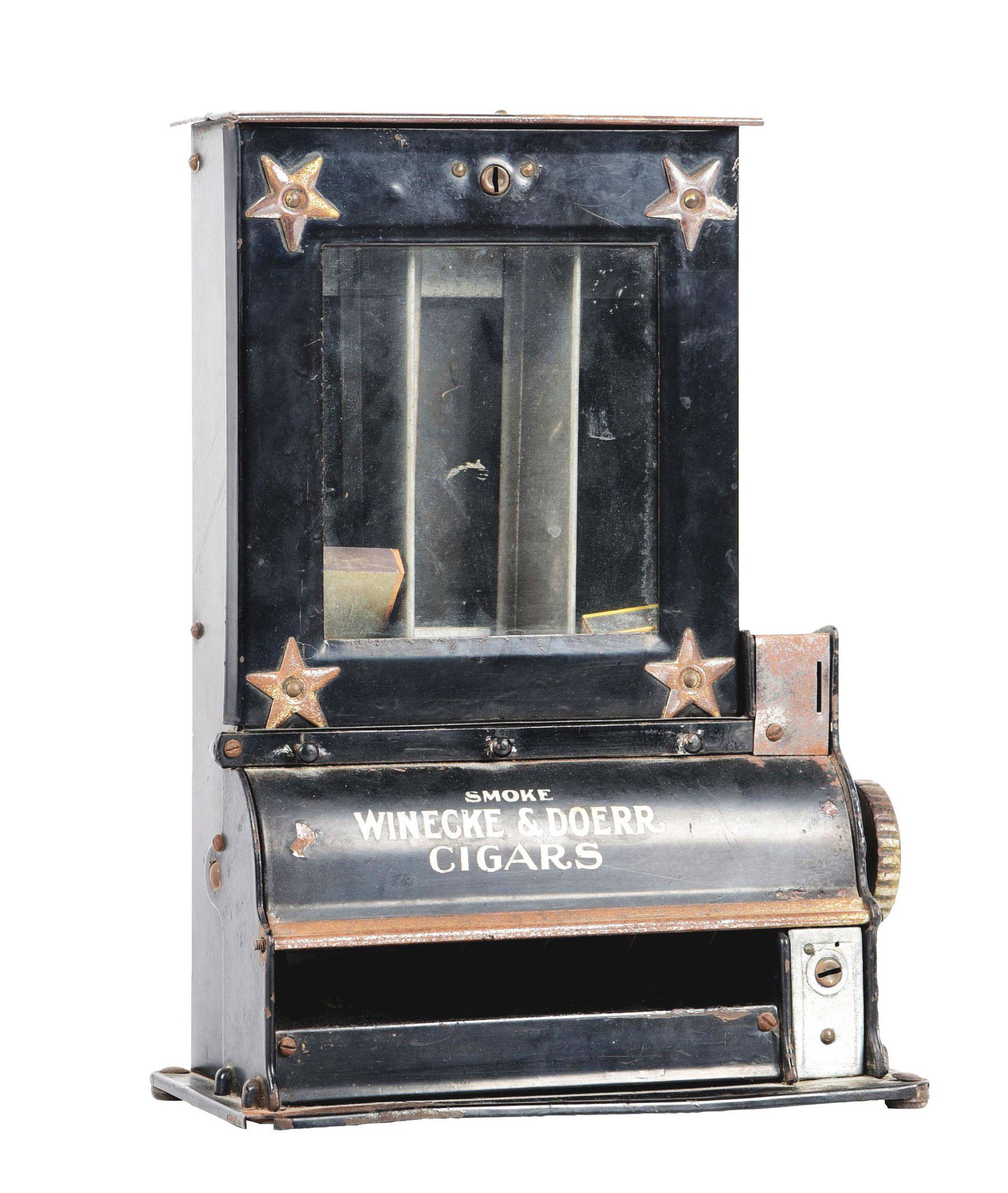 GRISWOLD MATCH VENDING MACHINE ADVERTISING "SMOKE WINECKE & DOERR CIGARS". (1 of 4)