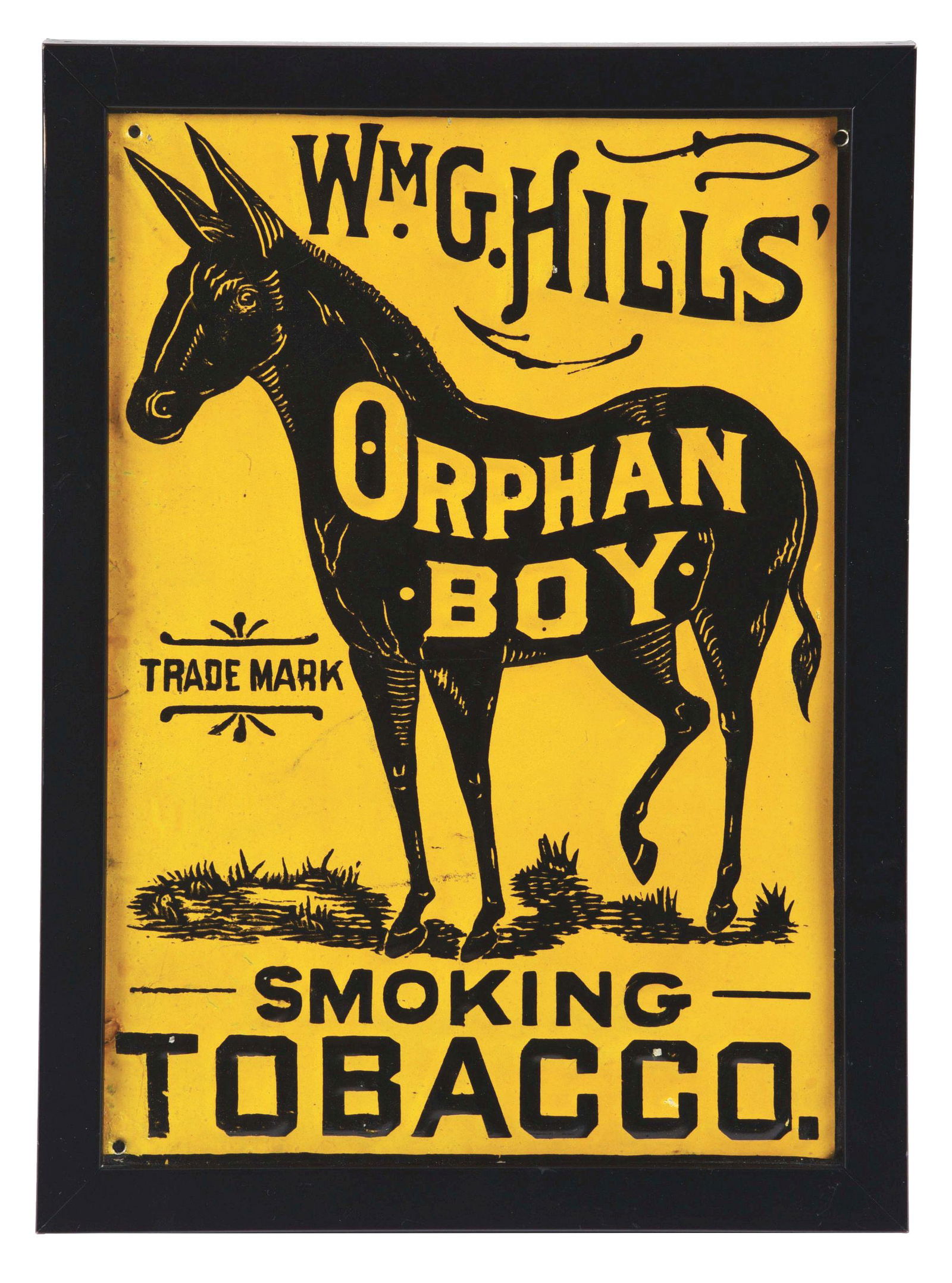 W.M.G. HILLS ORPHAN BOY SMOKING TOBACCO SIGN W/ DONKEY GRAPHIC. (1 of 2)