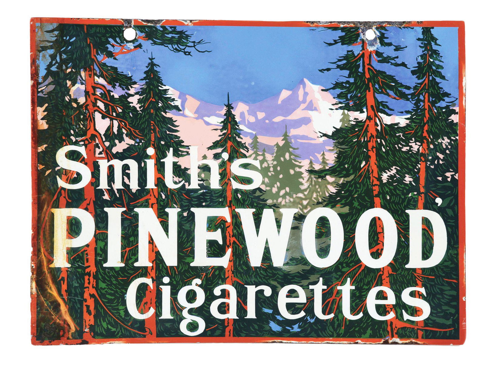 SMITH'S PINEWOOD CIGARETTES PORCELAIN SIGN. (1 of 2)