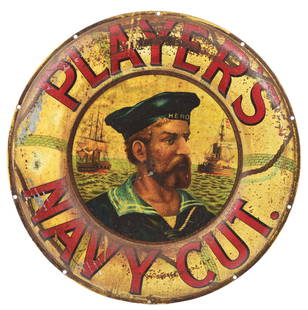 PLAYERS NAVY CUT TOBACCO TIN SIGN W/ SAILOR GRAPHIC.: SST. Maker's marked "Imperial Tobacco Co." C. 1920's Player's Navy Cut tin sign. CONDITION: The sign has staining throughout the face of the piece and areas of paint loss and rusting, both in the fiel