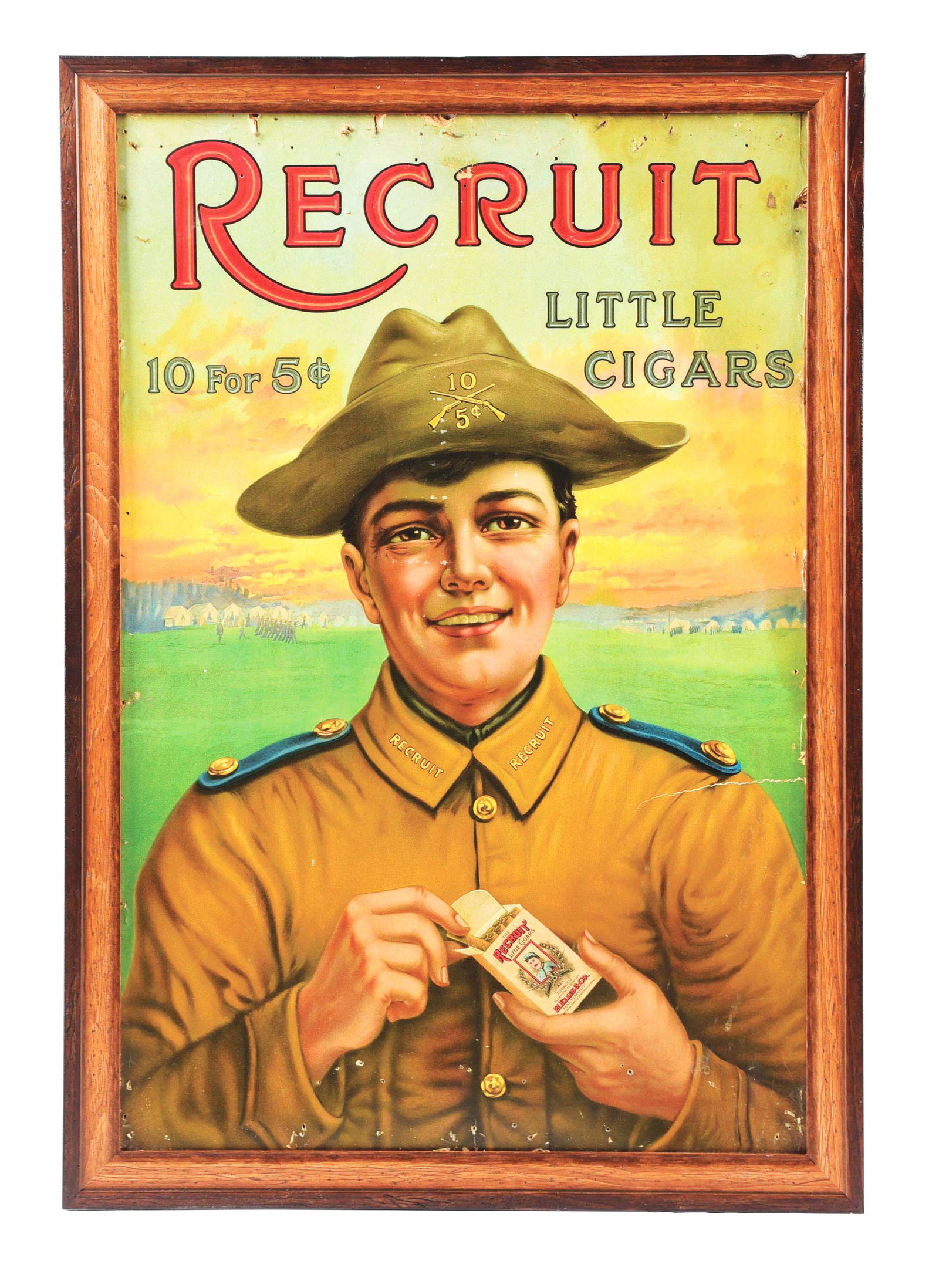 RECRUIT LITTLE CIGARS FRAMED CARDBOARD LITHOGRAPH. (1 of 2)