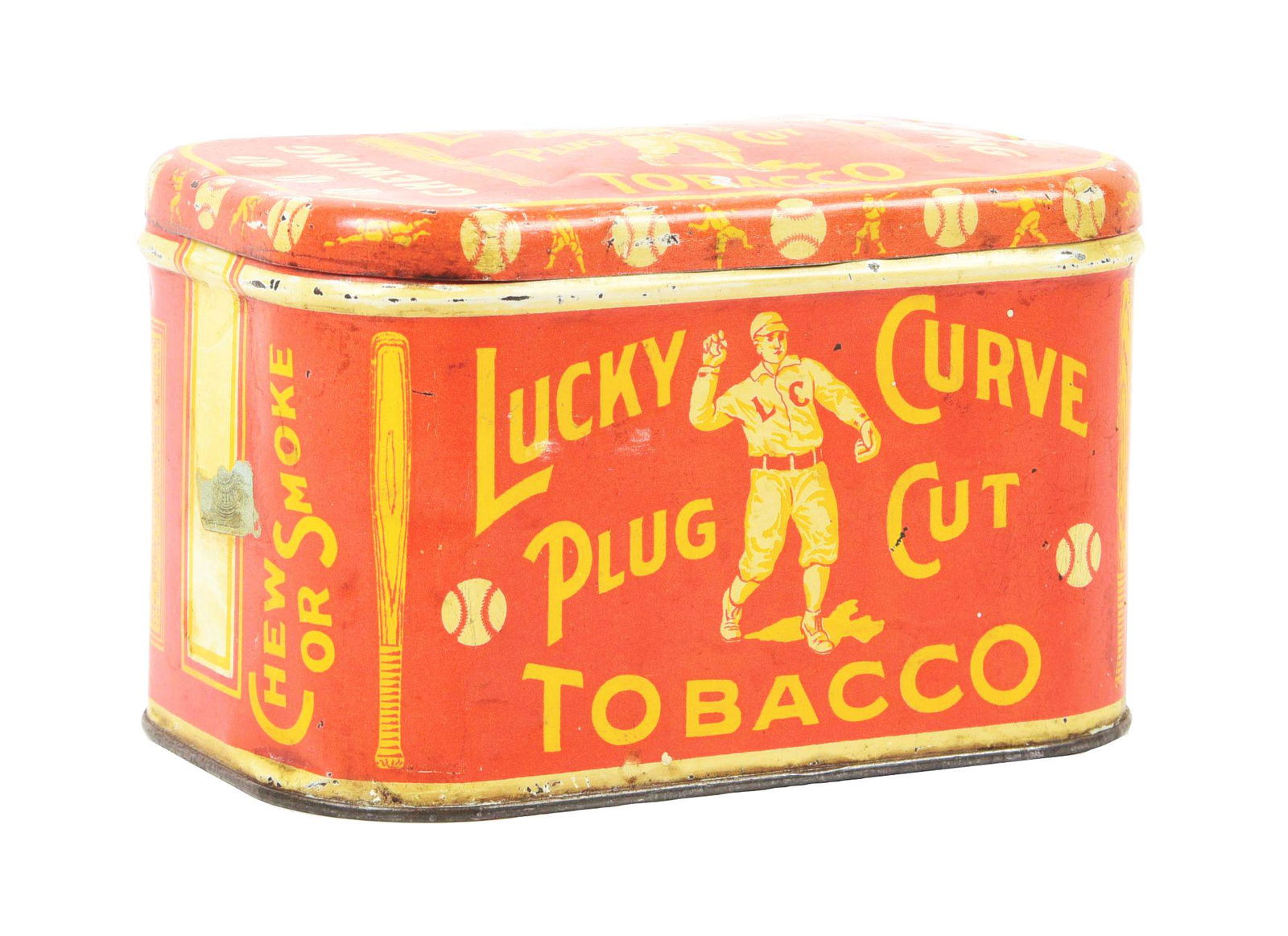 LUCKY CURVE CUT PLUG TOBACCO TIN W/ BALL PLAYER GRAPHIC. (1 of 6)