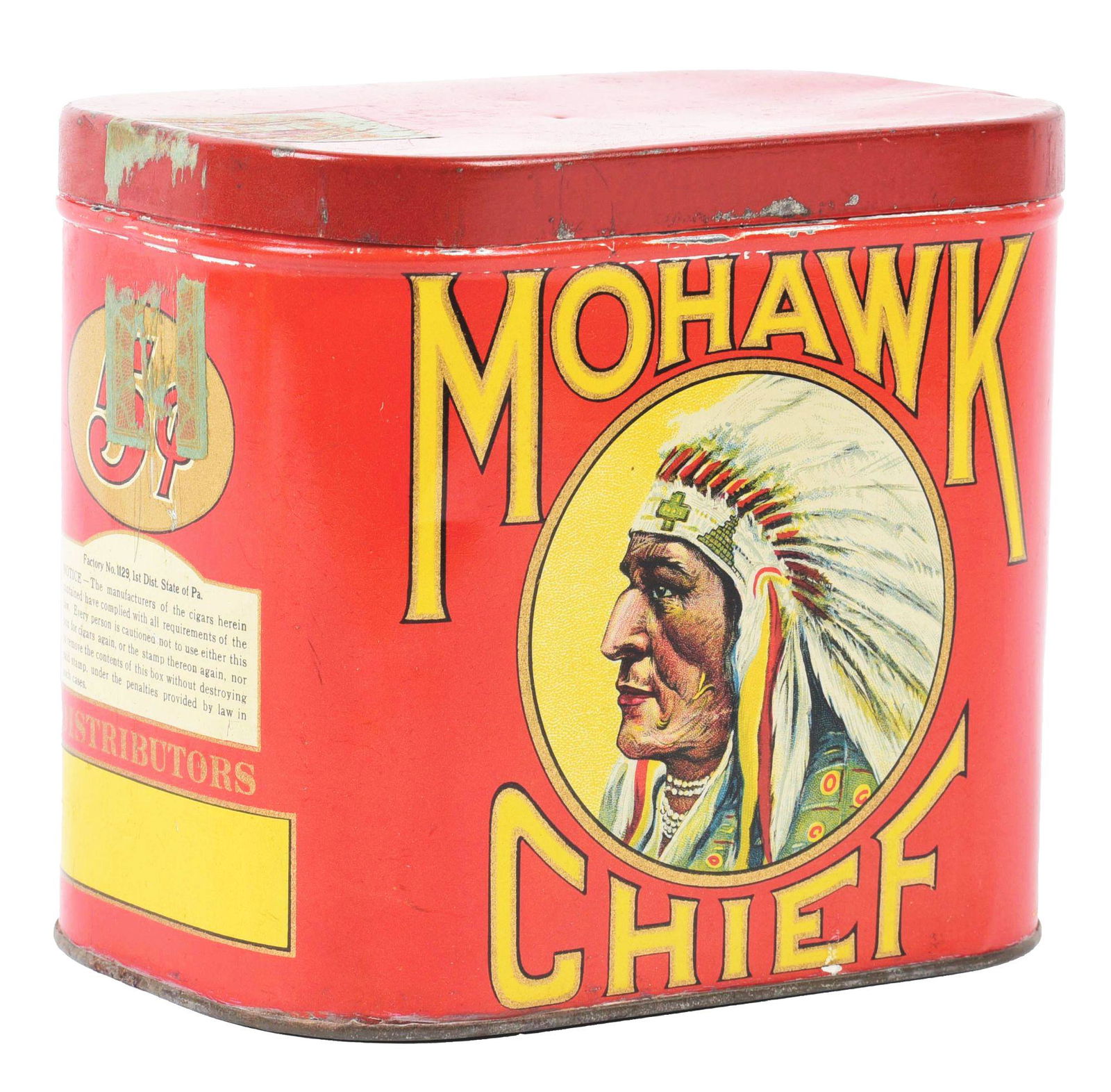 MOHAWK CHIEF TOBACCO TIN W/ OUTSTANDING NATIVE AMERICAN GRAPHIC & 5¢ LOGO. (1 of 4)