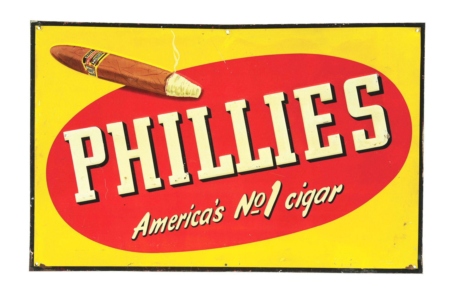 EMBOSSED TIN PHILLIES CIGAR ADVERTISING SIGN W/ CIGAR GRAPHIC. (1 of 2)