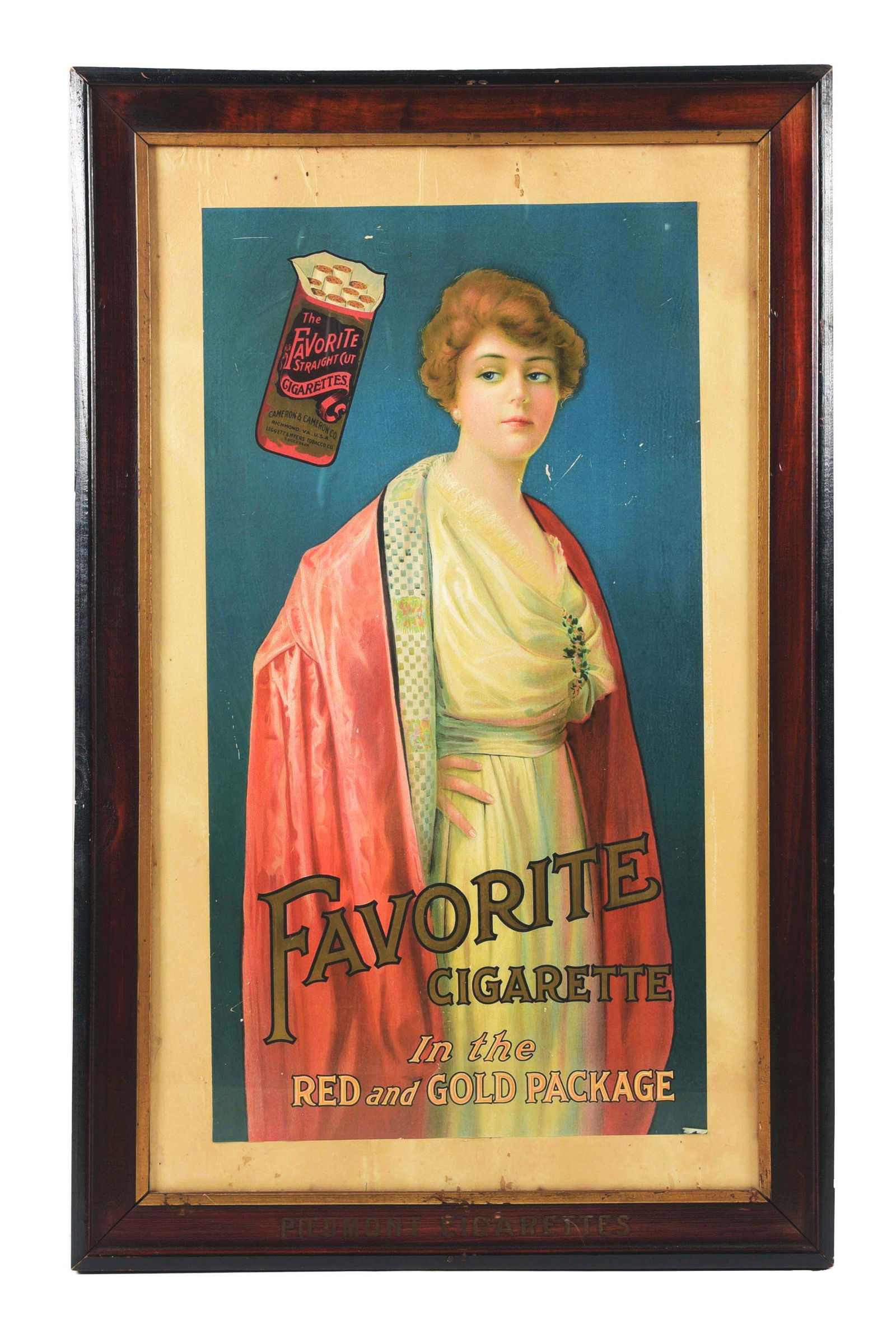 FRAMED FAVORITE CIGARETTE PAPER LITHOGRAPH W/ PIEDMONT FRAME. (1 of 2)