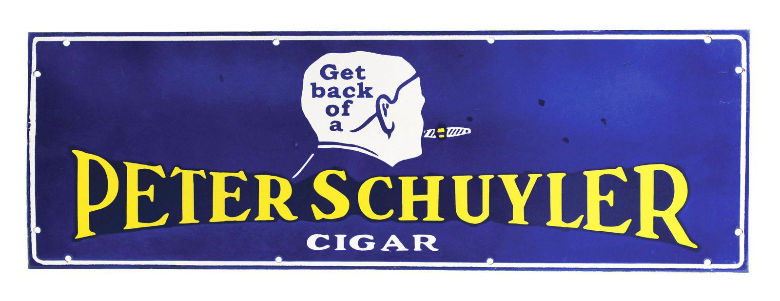 CONTEMPORARY PETERS SCHUYLER CIGAR SINGLE-SIDED PORCELAIN SIGN W/ GENTLEMAN SMOKING A CIGAR GRAPHIC. (1 of 2)