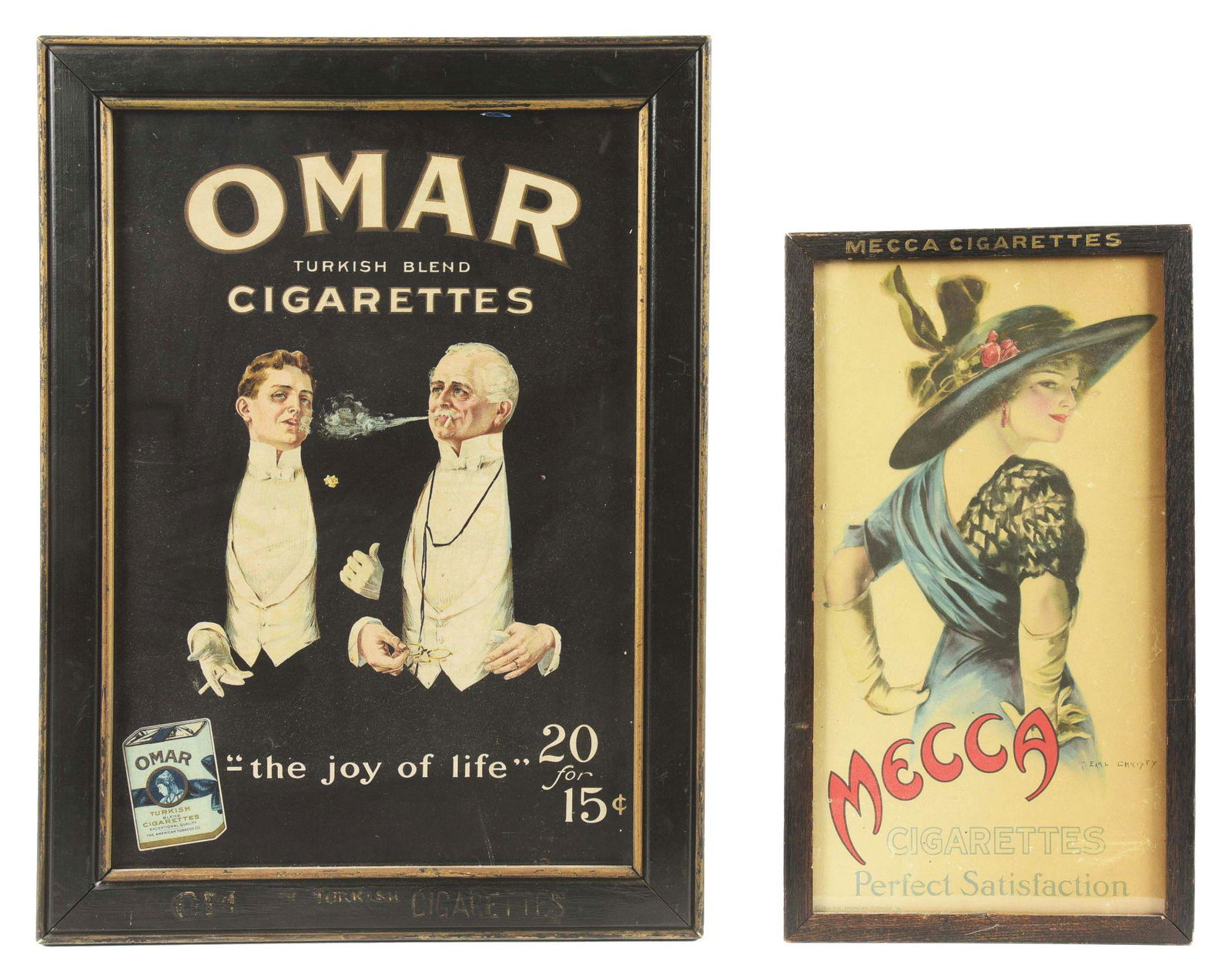 LOT OF 2: OMAR AND MECCA FRAMED CIGARETTE ADVERTISEMENTS. (1 of 2)
