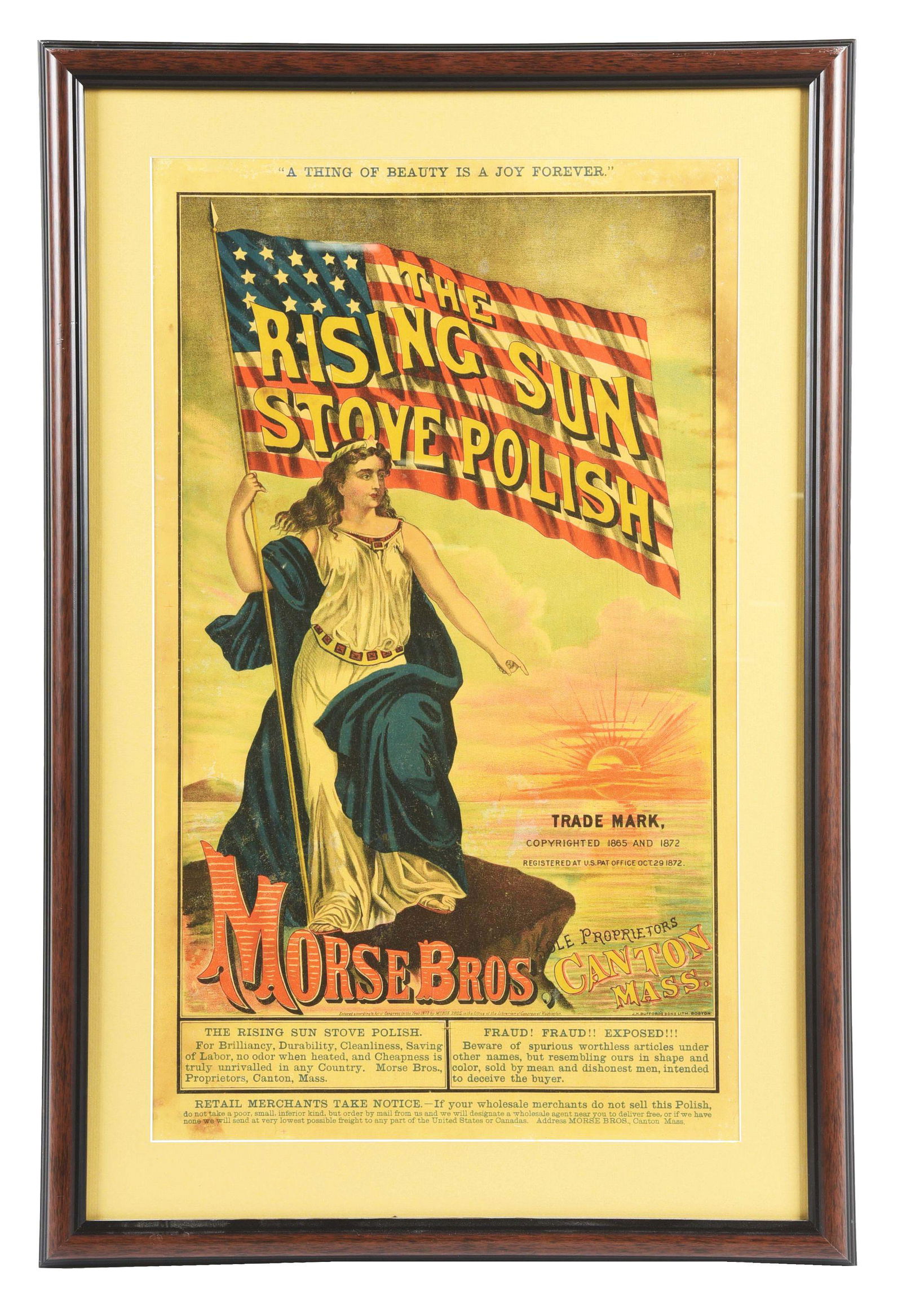 MORSE BROS. RISING SUN STOVE POLISH FRAMED ADVERTISEMENT. (1 of 2)