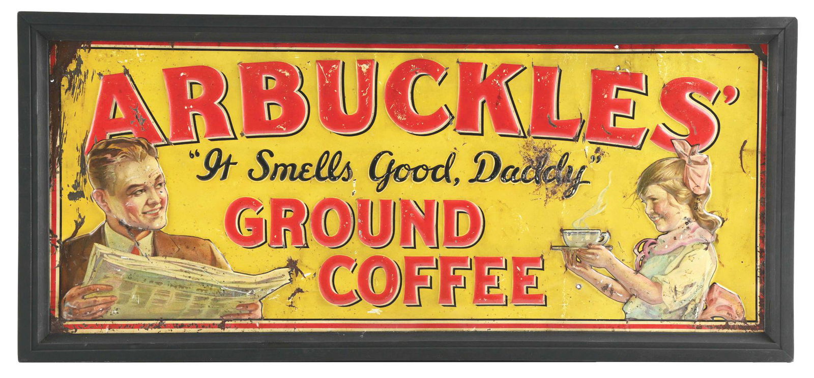 ARBUCKLES GROUND COFFEE EMBOSSED TIN SIGN W/ ADDED FRAME. (1 of 2)