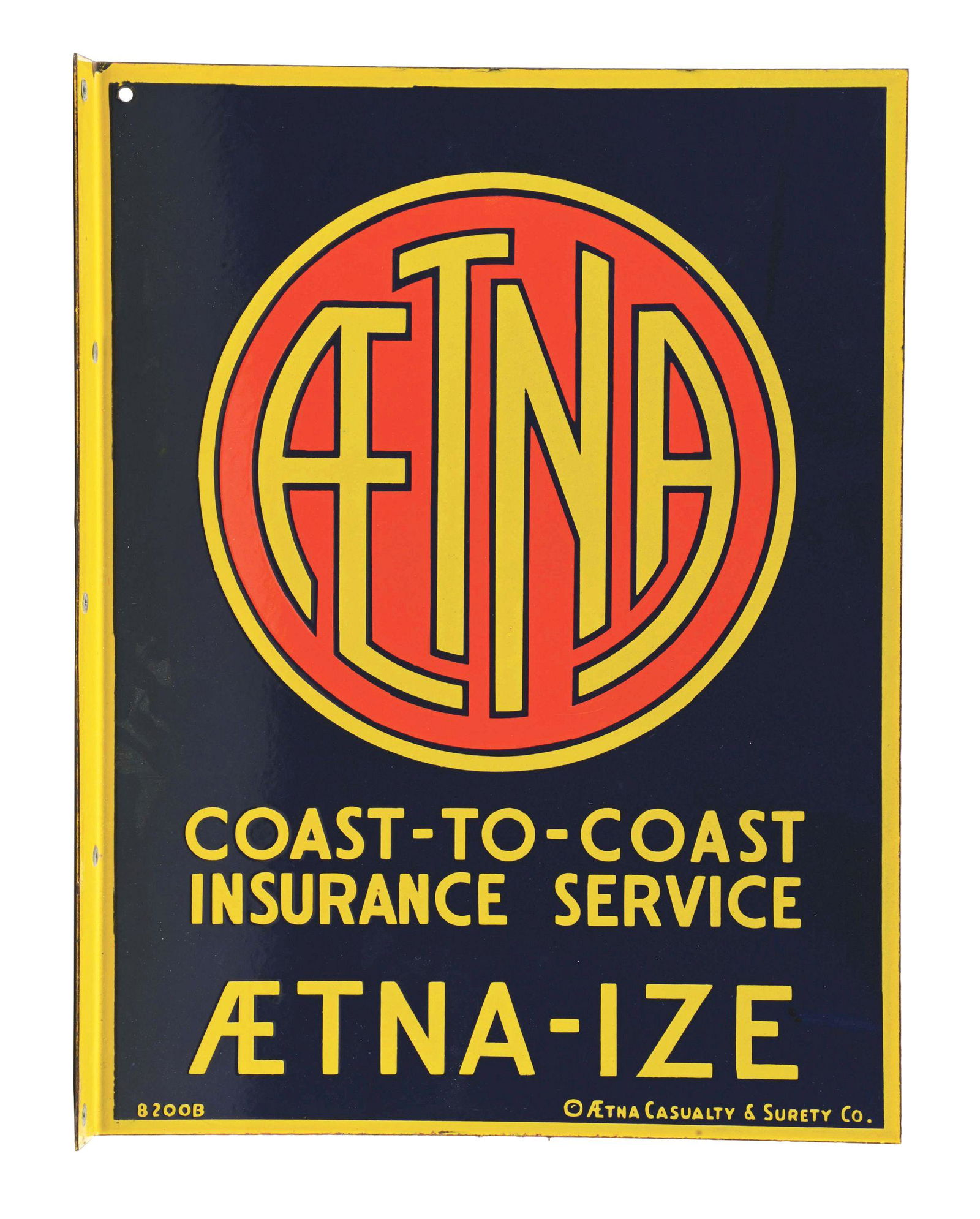 AETNA COAST-TO-COAST INSURANCE SERVICE DOUBLE-SIDED PORCELAIN FLANGE SIGN. (1 of 2)