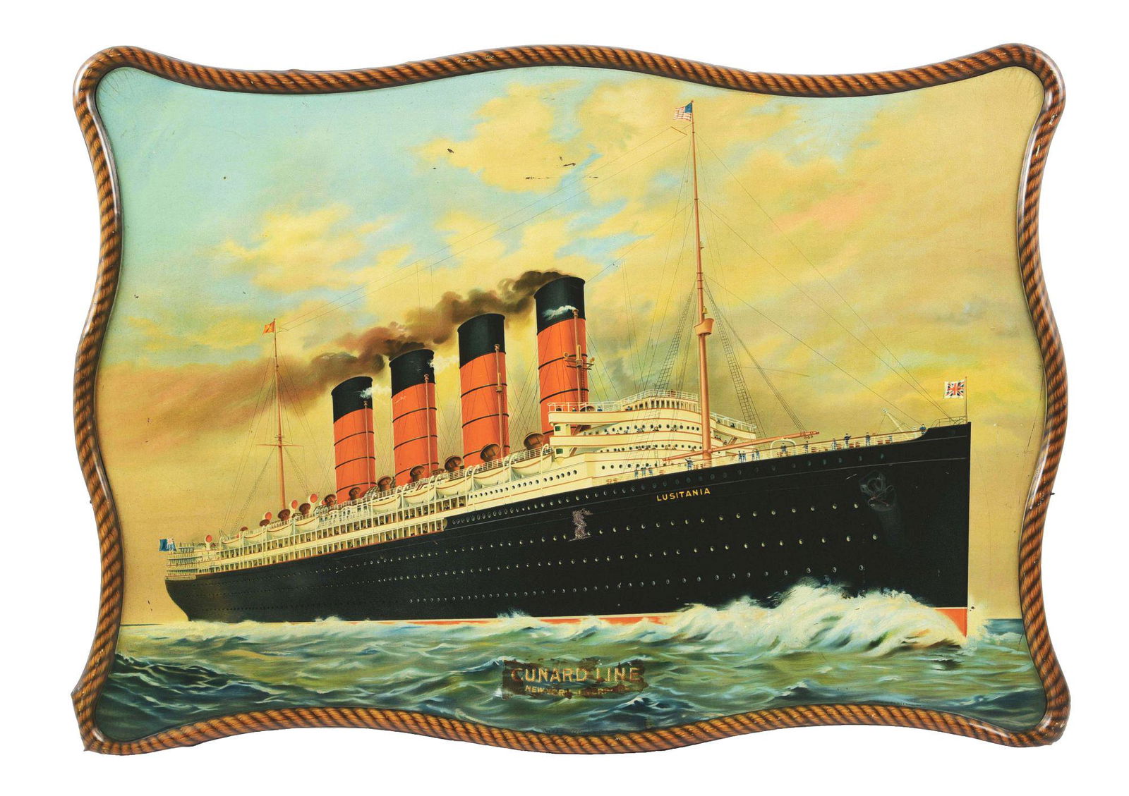 THE CUNARD LINE NEW YORK - LIVERPOOL SELF-FRAMED TIN LITHOGRAPH W/ STEAM SHIP GRAPHIC.. (1 of 2)