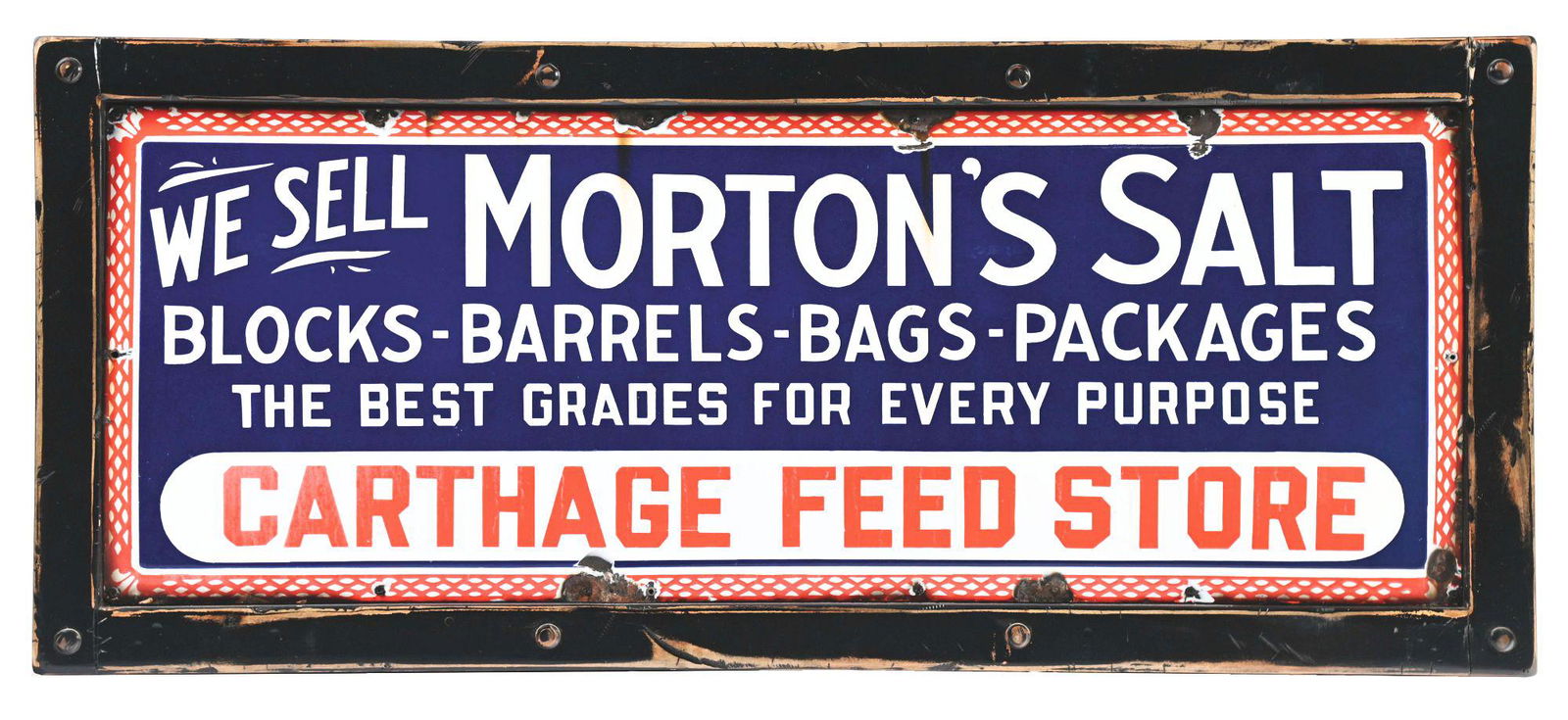 VERY UNIQUE "WE SELL MORTON SALT" ORNATELY FRAMED PORCELAIN SIGN. (1 of 2)