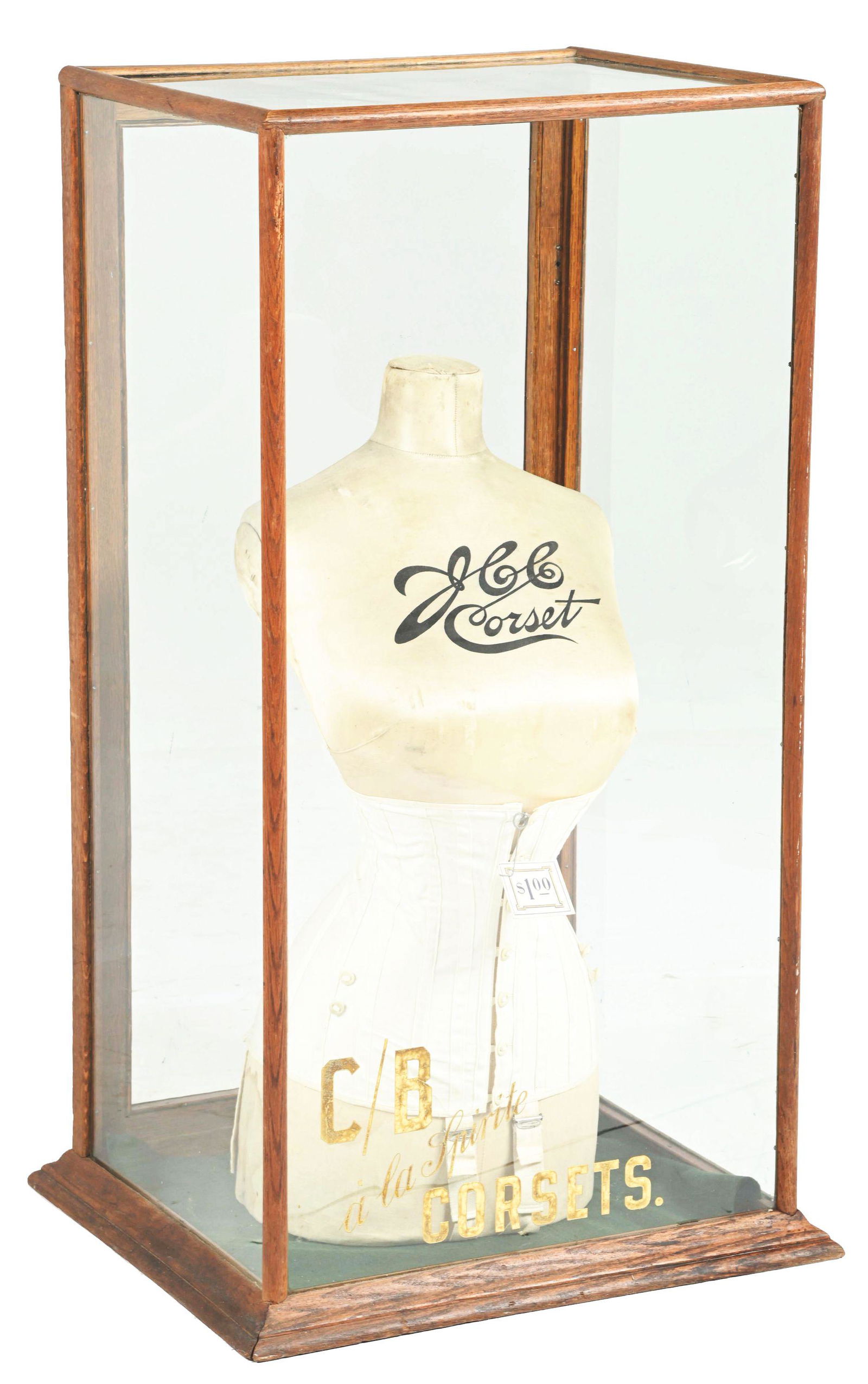 LOT OF 2: CORSETS DISPLAY CASE W/ CORSET MANNEQUIN STAND. (1 of 7)