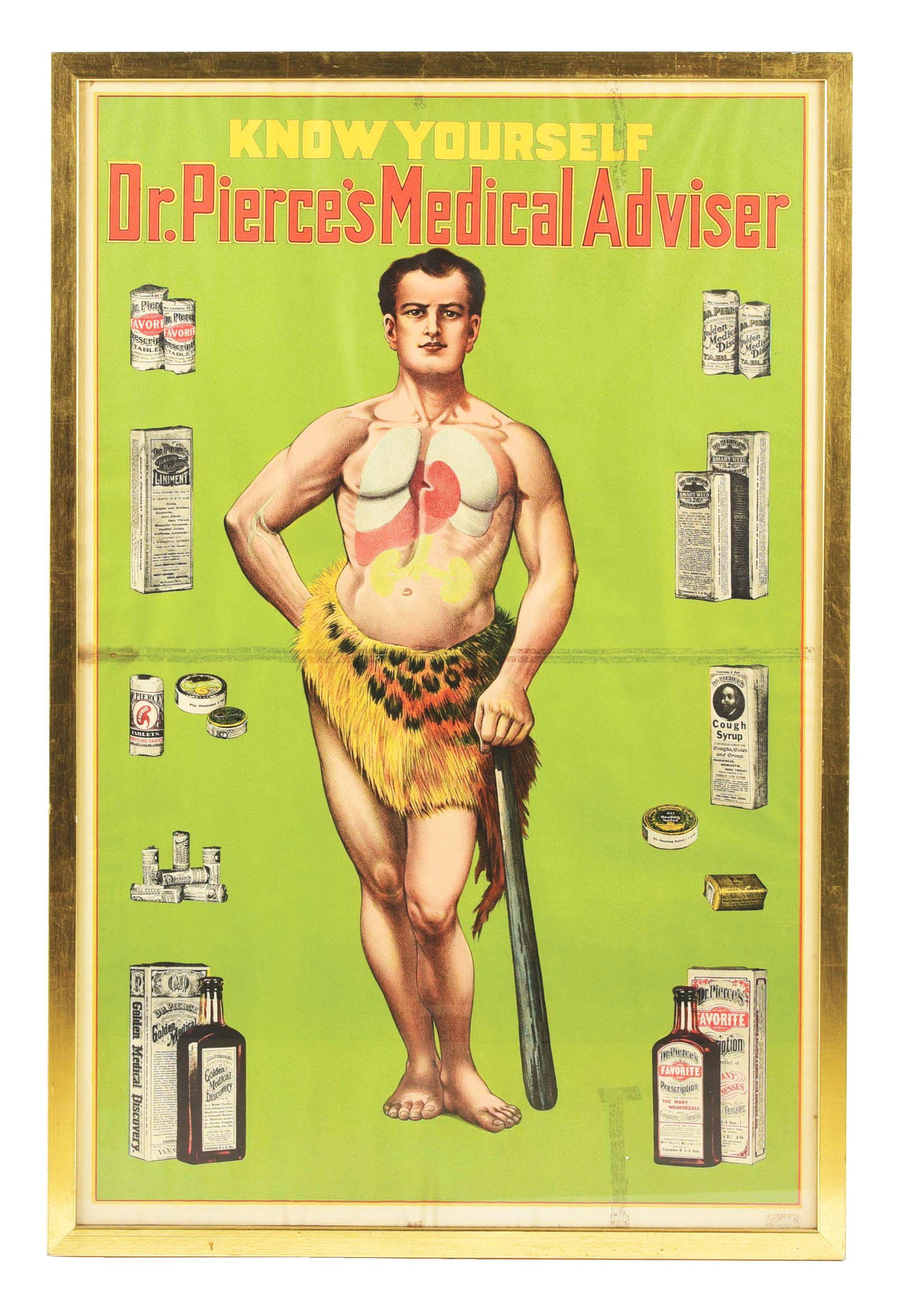 DR. PIERCE'S MEDICAL ADVISER FRAMED PAPER LITHOGRAPH ADVERTISEMENT W/ CAVEMAN GRAPHIC. (1 of 2)