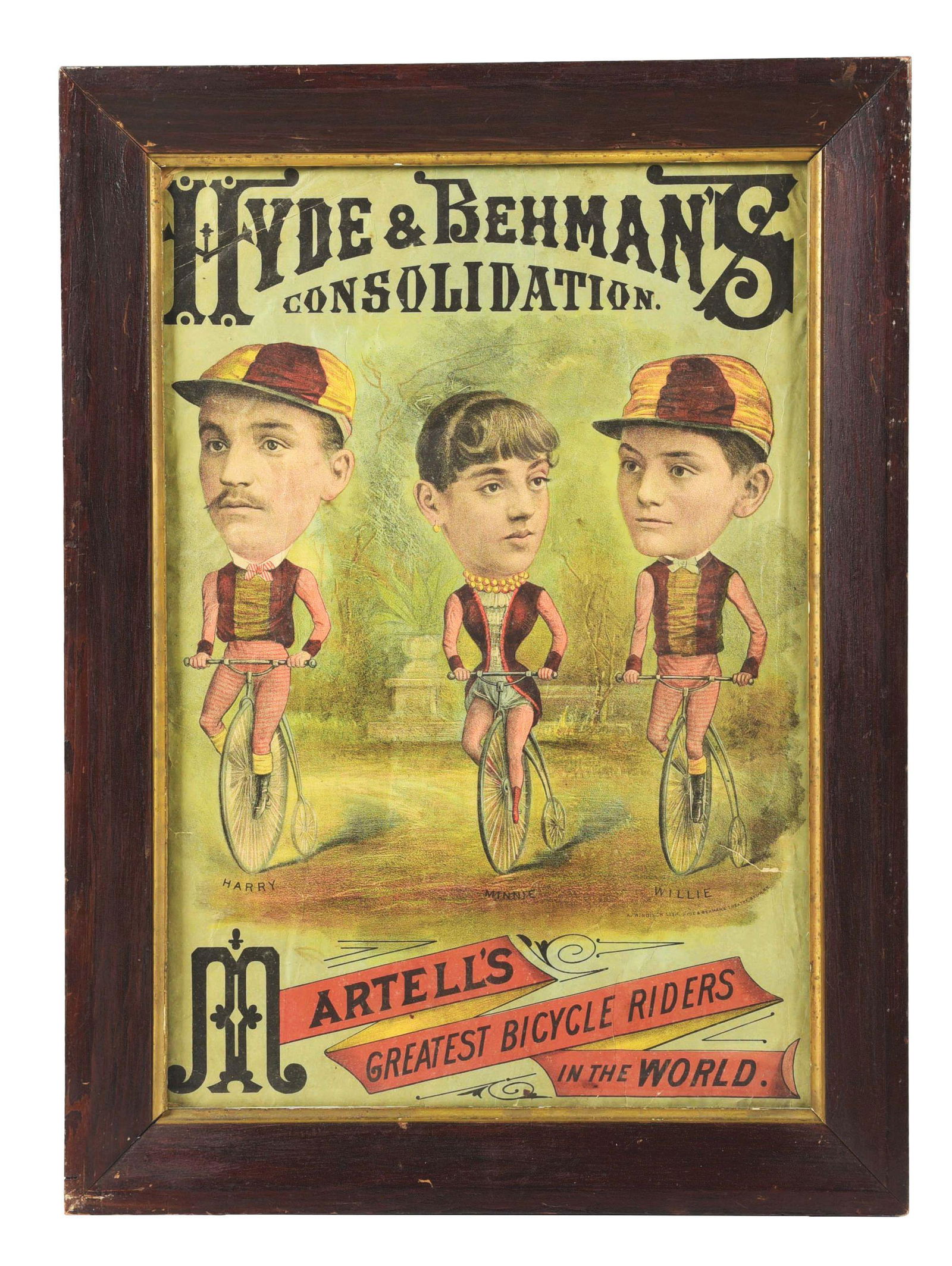HYDE & BEHMAN'S CONSOLIDATION FRAMED PAPER LITHOGRAPH W/ BICYCLE GRAPHIC. (1 of 3)