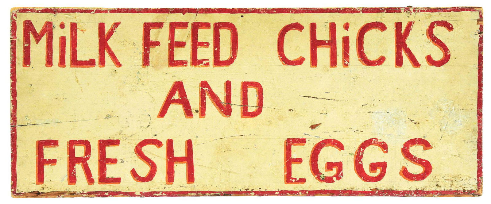 PAINTED WOOD MILK FEED CHICKS AND FRESH EGGS SIGN. (1 of 2)