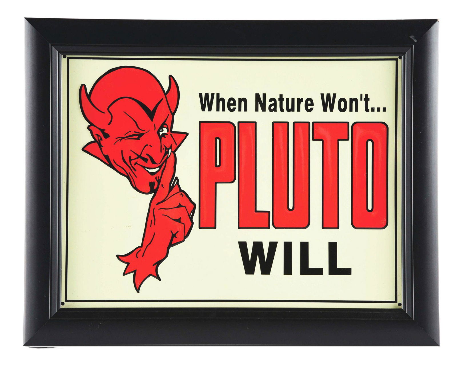 NEW OLD STOCK PLUTO SPRINGWATER EMBOSSED TIN SIGN W/ DEVIL GRAPHIC. (1 of 2)