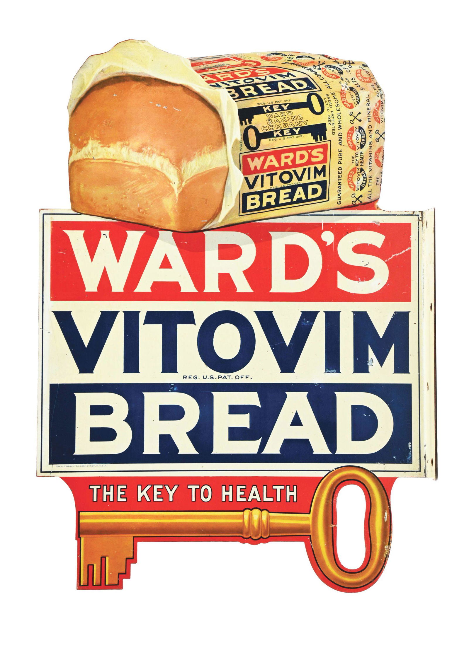 WARD'S VITOVIM BREAD DOUBLE-SIDED TIN FLANGE SIGN W/ KEY GRAPHIC. (1 of 2)