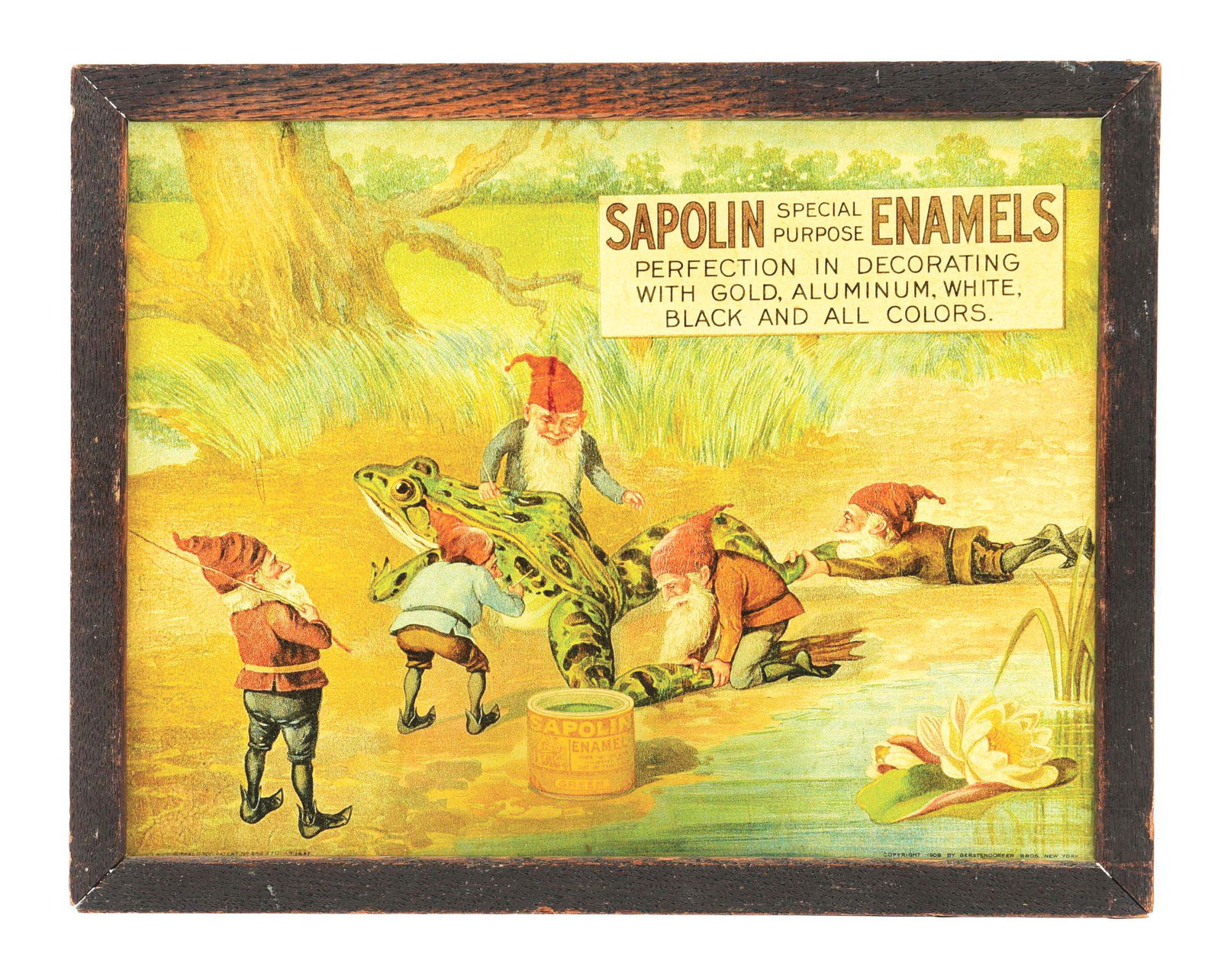 FRAMED SAPOLIN SPECIAL PURPOSE ENAMELS REVERSE PAINTED GLASS SIGN W/ ELF GRAPHICS. (1 of 2)