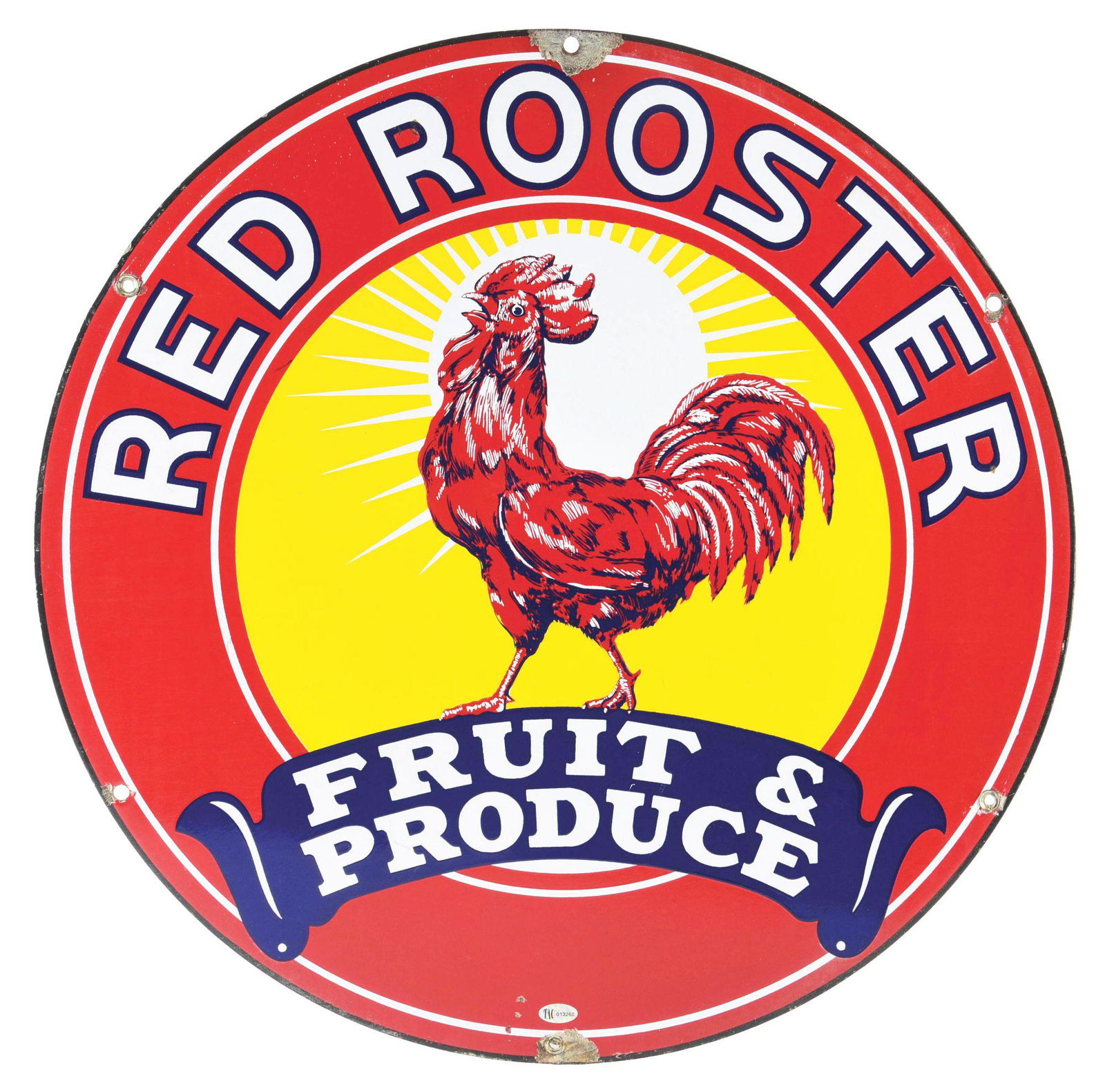 RED ROOSTER FRUIT & PRODUCE PORCELAIN SIGN W/ ROOSTER GRAPHIC. (1 of 2)