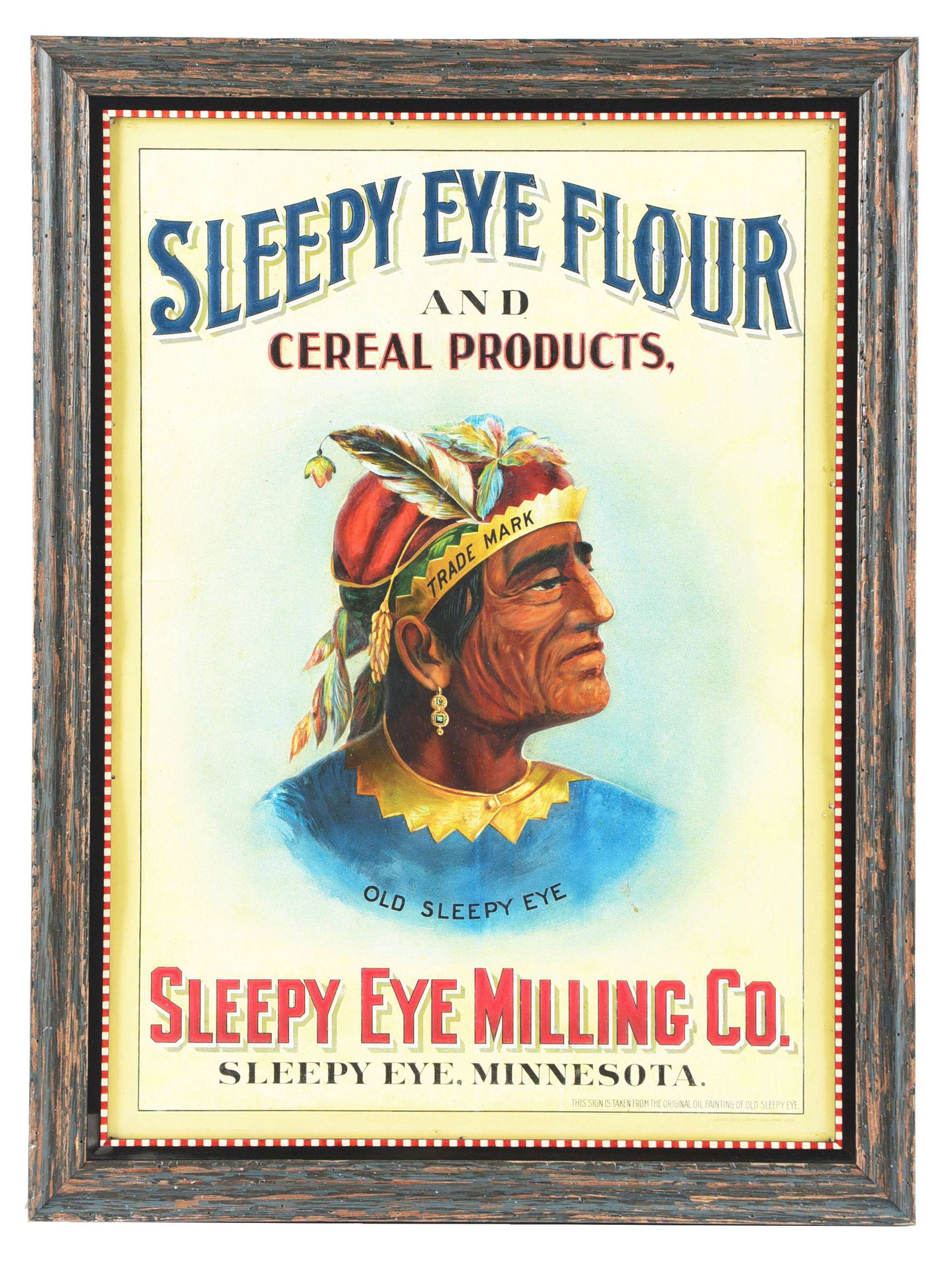 OUTSTANDING SLEEPY EYE MILLING CO. EMBOSSED TIN SIGN W/ NATIVE AMERICAN GRAPHIC. (1 of 2)