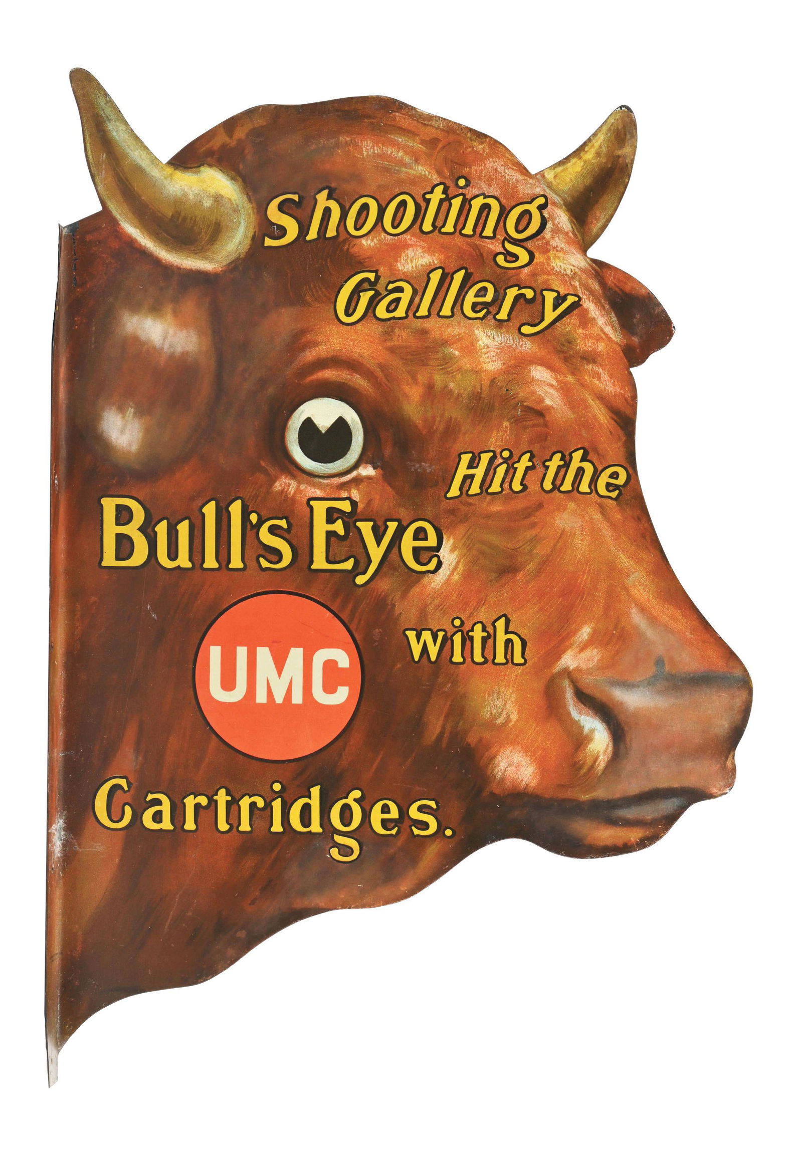 UMC SHOOTING GALLERY BULL'S EYE METAL ADVERTISING FLANGE SIGN W/BULLS HAED GRAPHIC. (1 of 2)