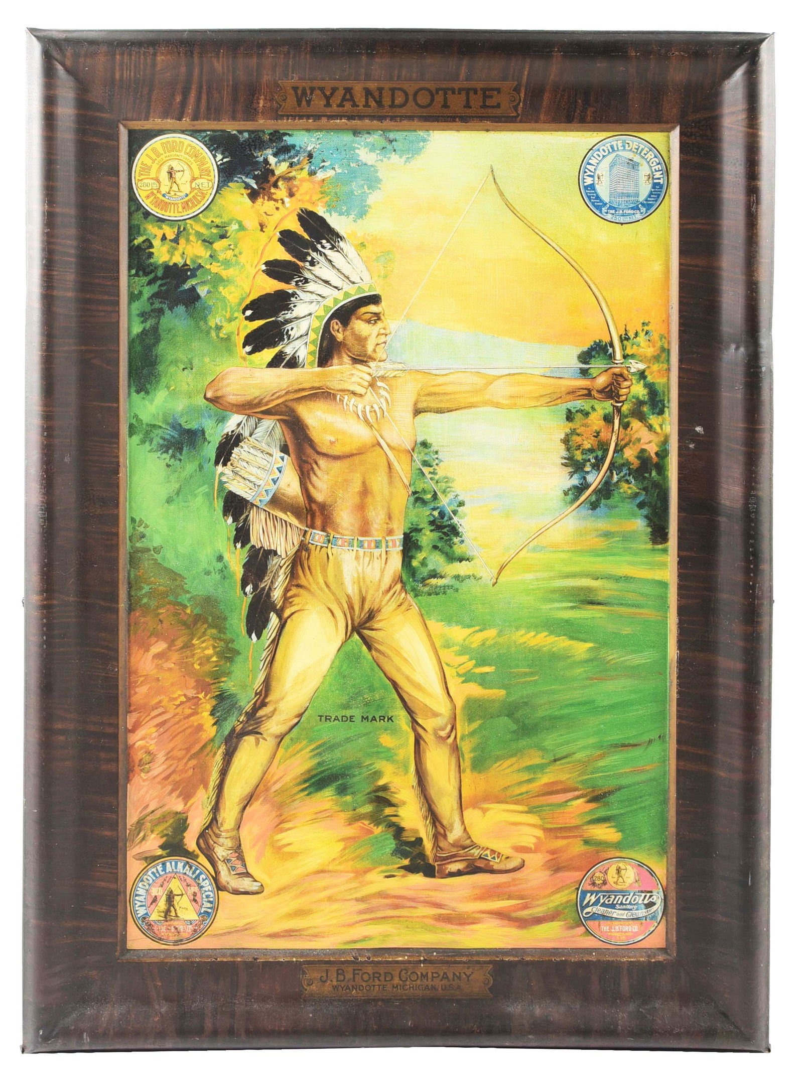 J. D. FORD CO. SELF-FRAMED TIN SIGN W/ NATIVE AMERICAN GRAPHIC. (1 of 4)