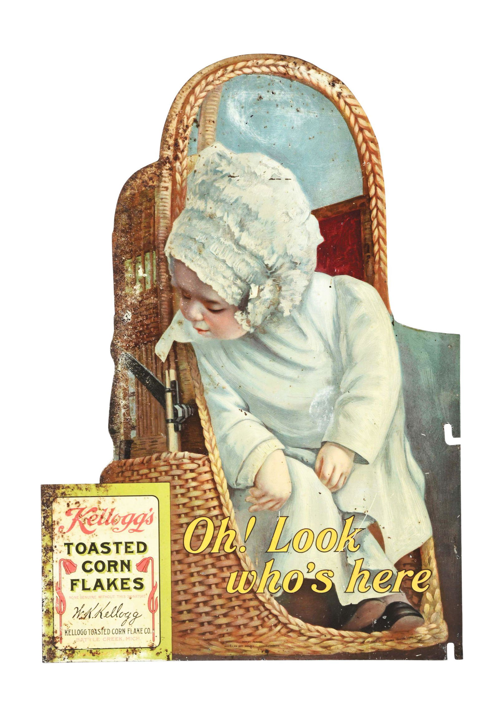 KELLOGG'S TOASTED CORN FLAKES DOUBLE-SIDED METAL SIGN. (1 of 2)