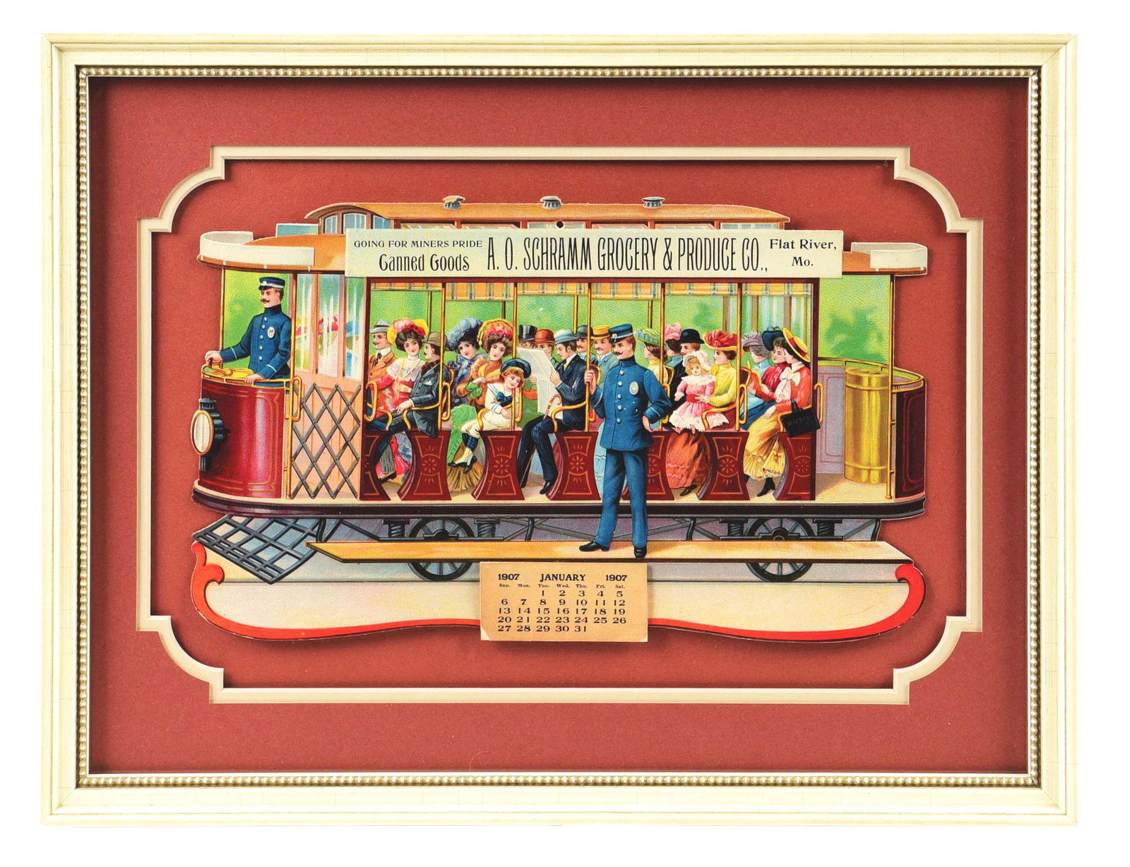 NEW OLD STOCK FRAMED A.O. SCHRAMM GROCERY & PRODUCE CO. EMBOSSED CARDBOARD CALANDER. (1 of 2)