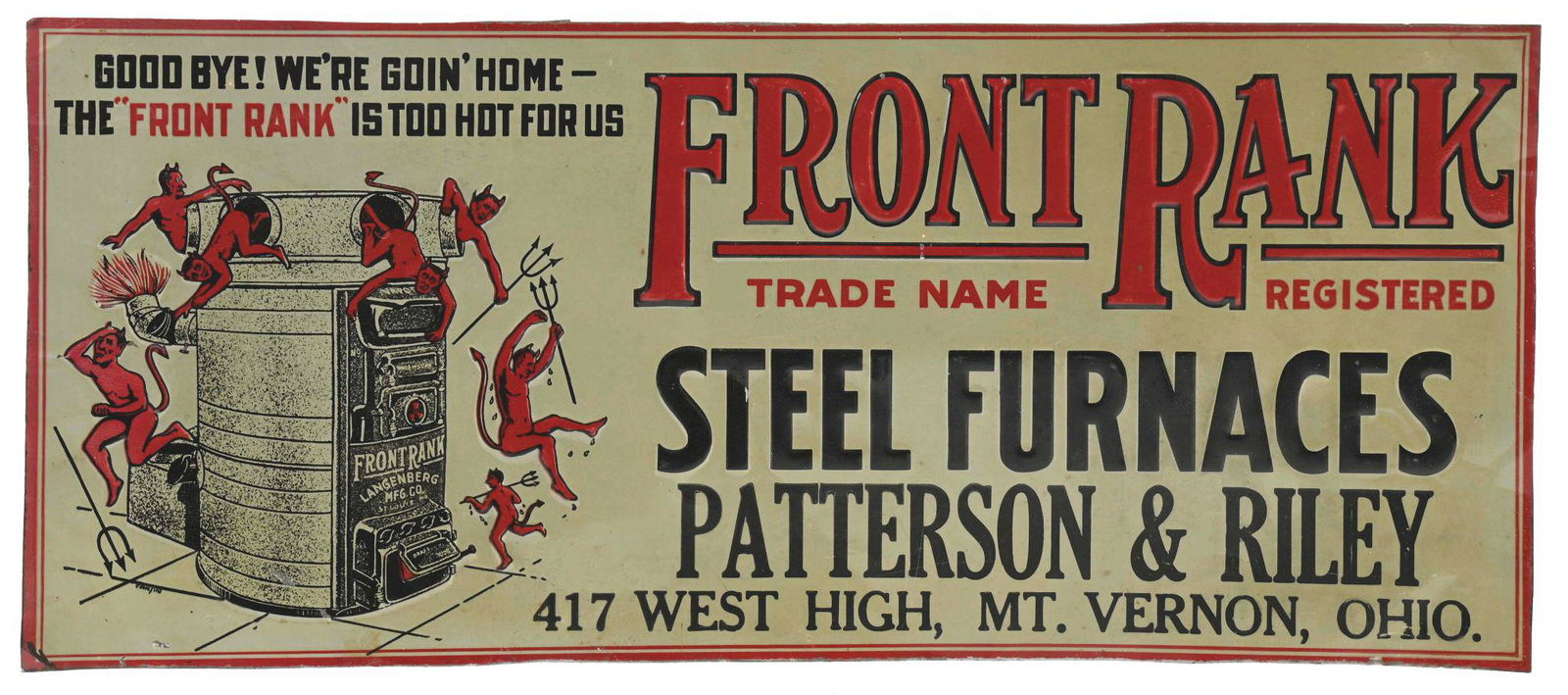 FRONT RANK STEEL FURNACES EMBOSSED TIN SIGN W/ FURNACE GRAPHIC. (1 of 2)