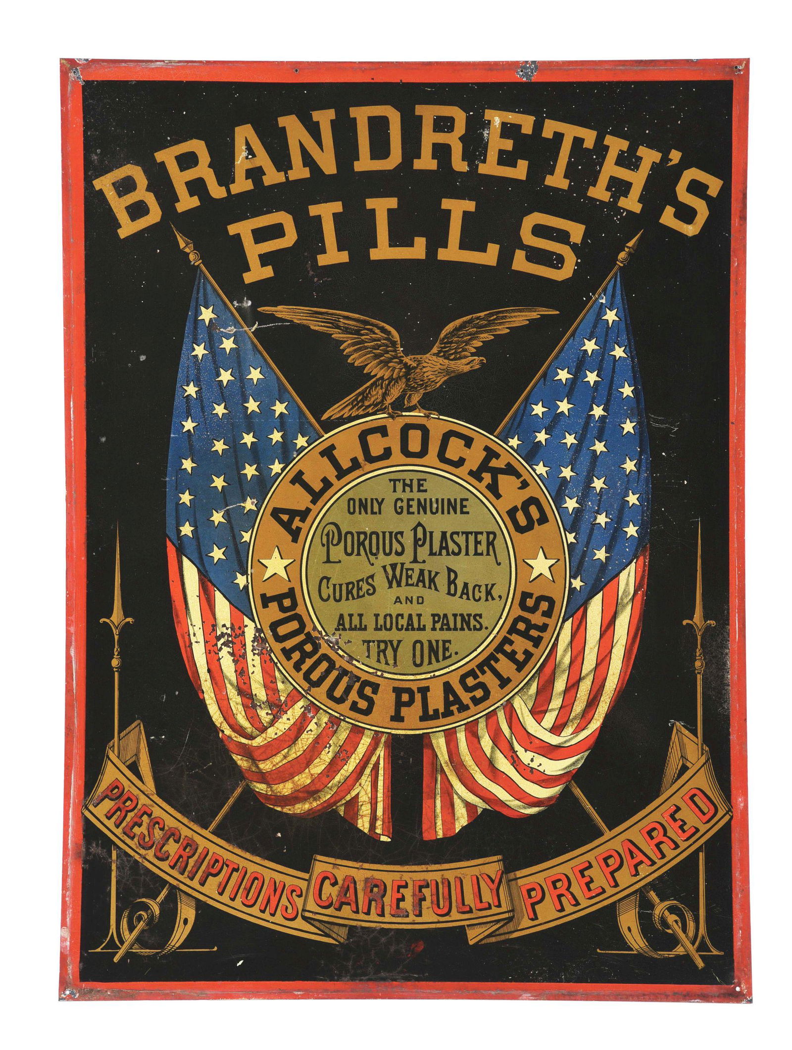 BRANDRETH'S PILLS PAINTED METAL SIGN W/ AMERICAN FLAG GRAPHIC. (1 of 2)