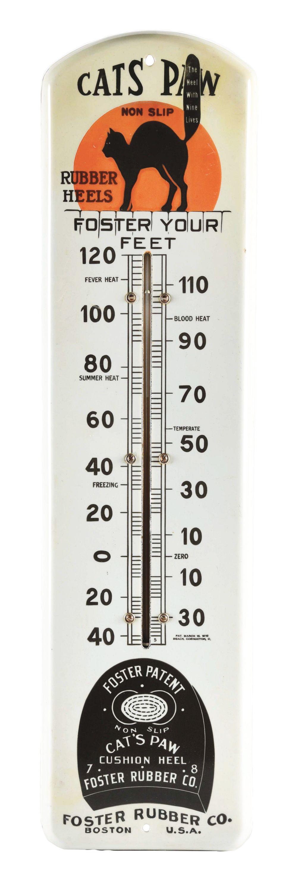CATS PAW RUBBER HEELS PORCELAIN THERMOMETER W/ BLACK CAT GRAPHIC. (1 of 2)