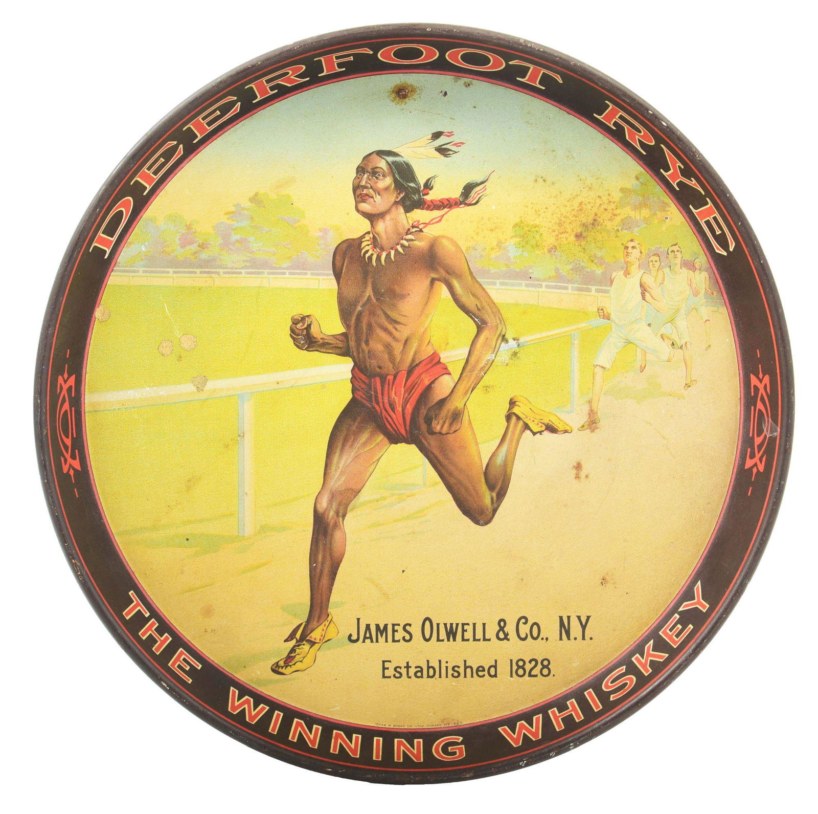 DEEFOOT RYE TIN LITHOGRAPH SERVING TRAY W/ NATIVE AMERICAN GRAPHIC. (1 of 2)