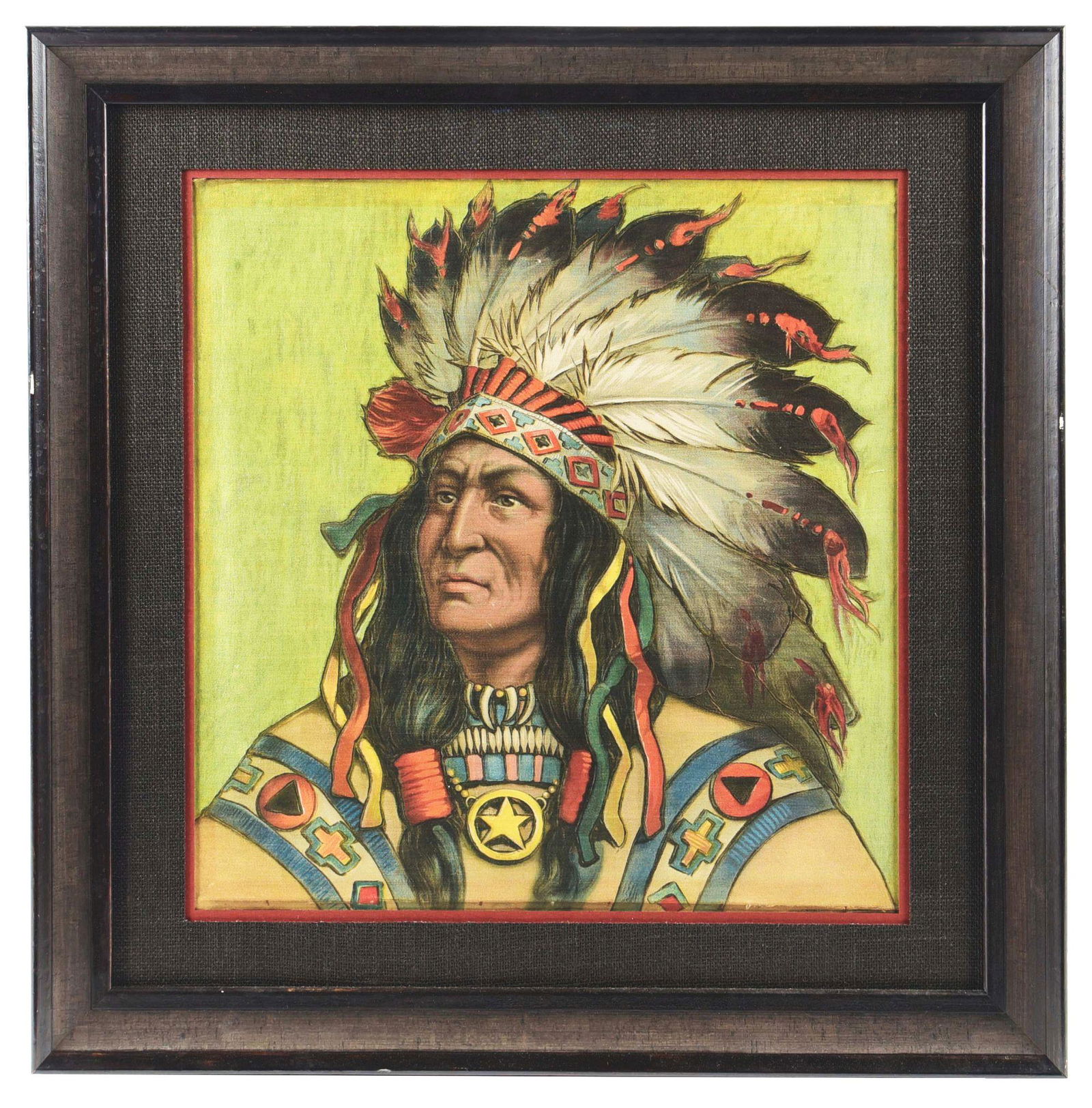 BEAUTIFULLY FRAMED AND MATTED NATIVE AMERICAN CANVAS W/NATIVE AMERICAN GRAPHIC. (1 of 2)