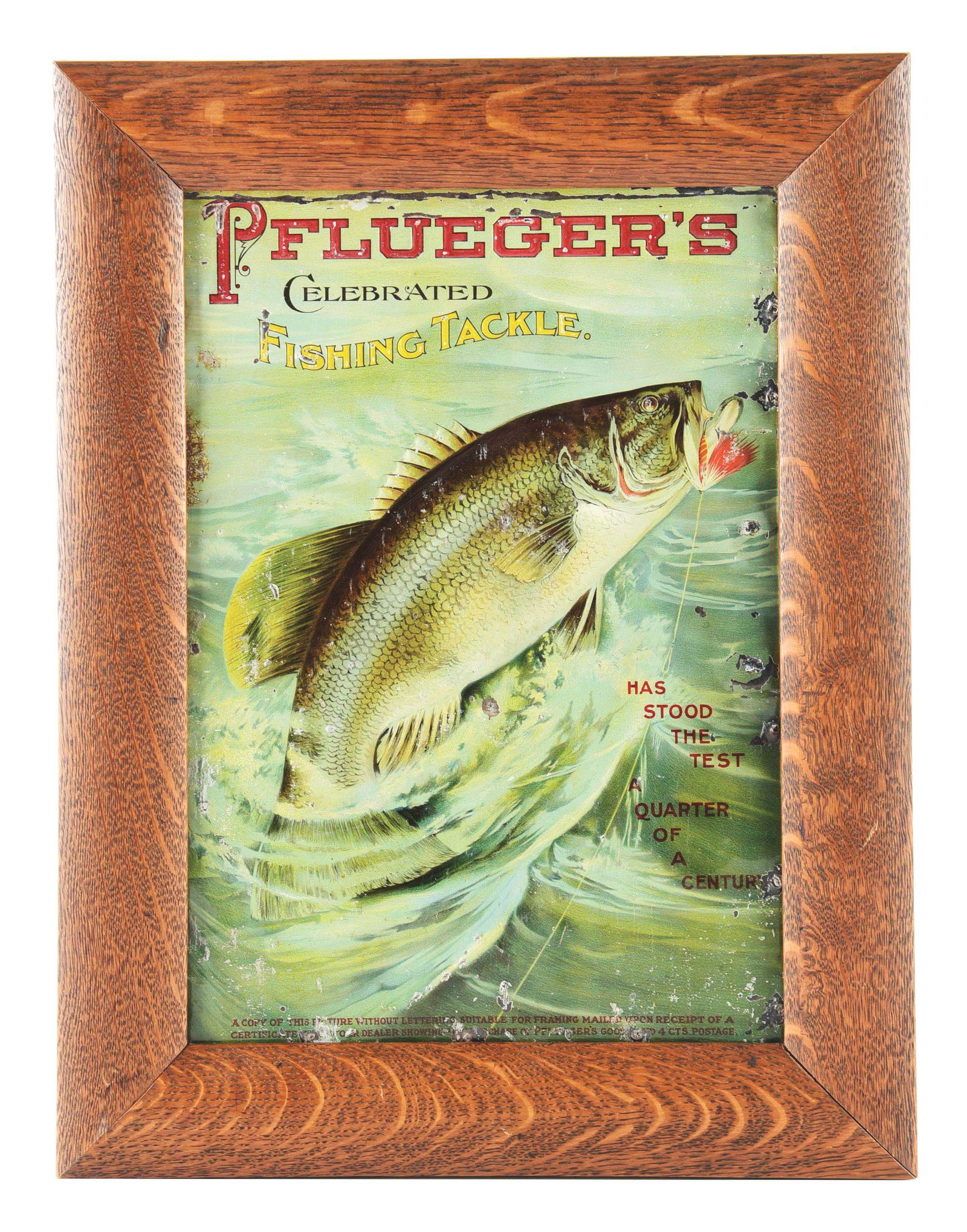 PFLUEGER'S FISHING TACKLE EMBOSSED TIN SIGN W/ FISH GRAPHIC. (1 of 2)
