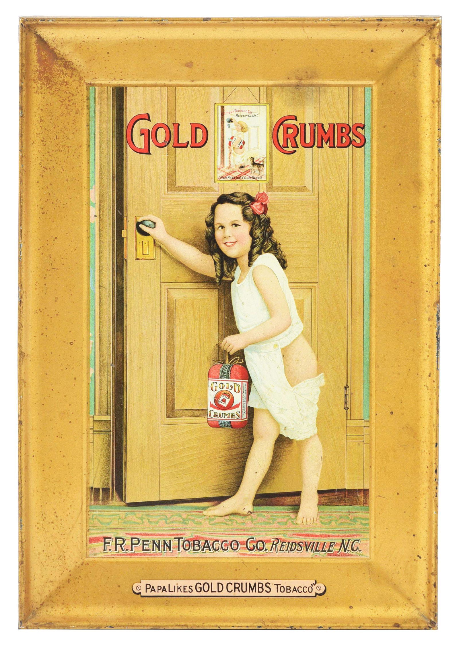 GOLD CRUMBS SELF-FRAMED TIN LITHOGRAPH SIGN W/ LITTLE GIRL GRAPHIC. (1 of 2)