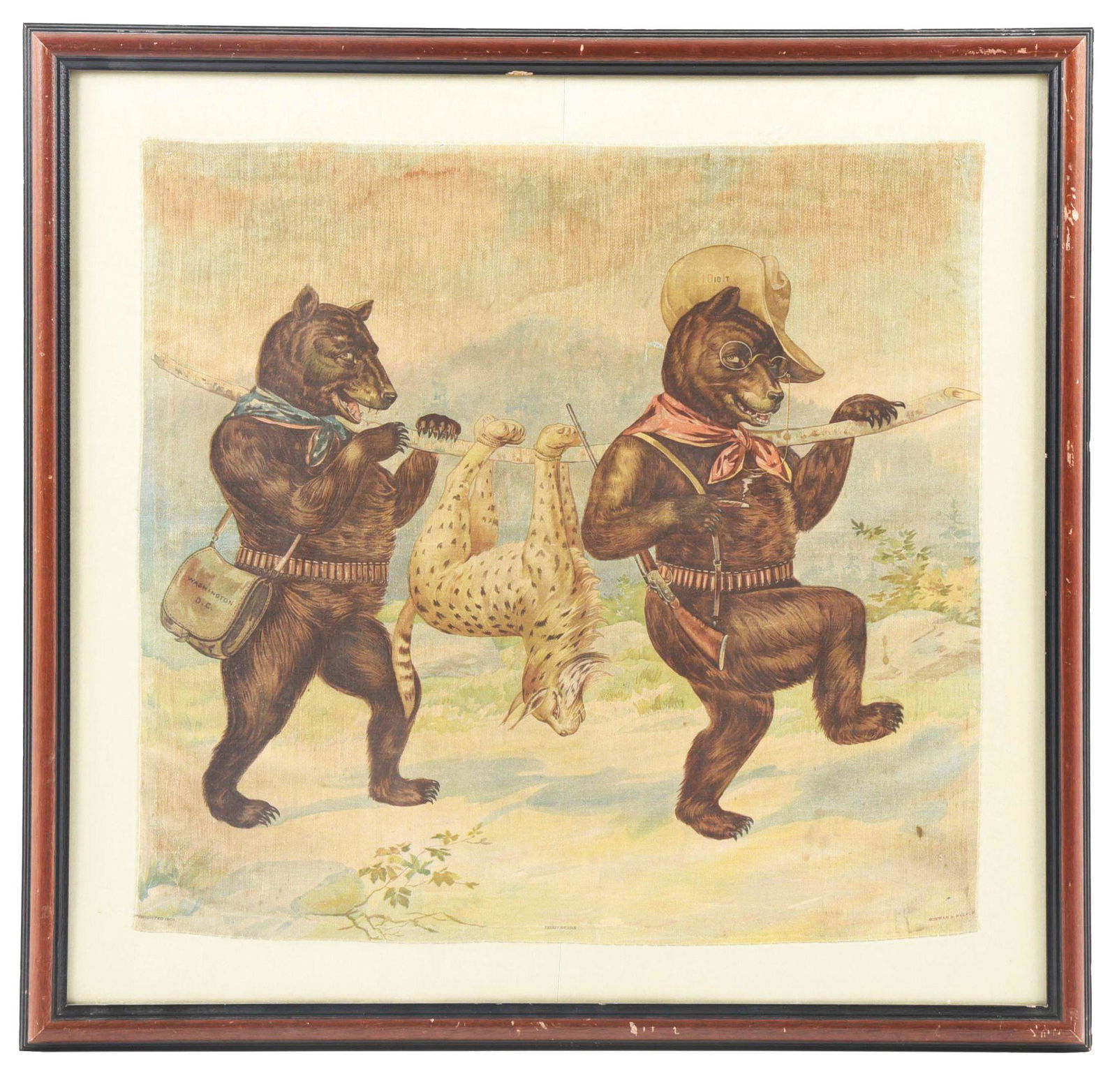 VERY EARLY FRAMED CANVAS TEDDY BEAR HUNTING SCENE. (1 of 2)
