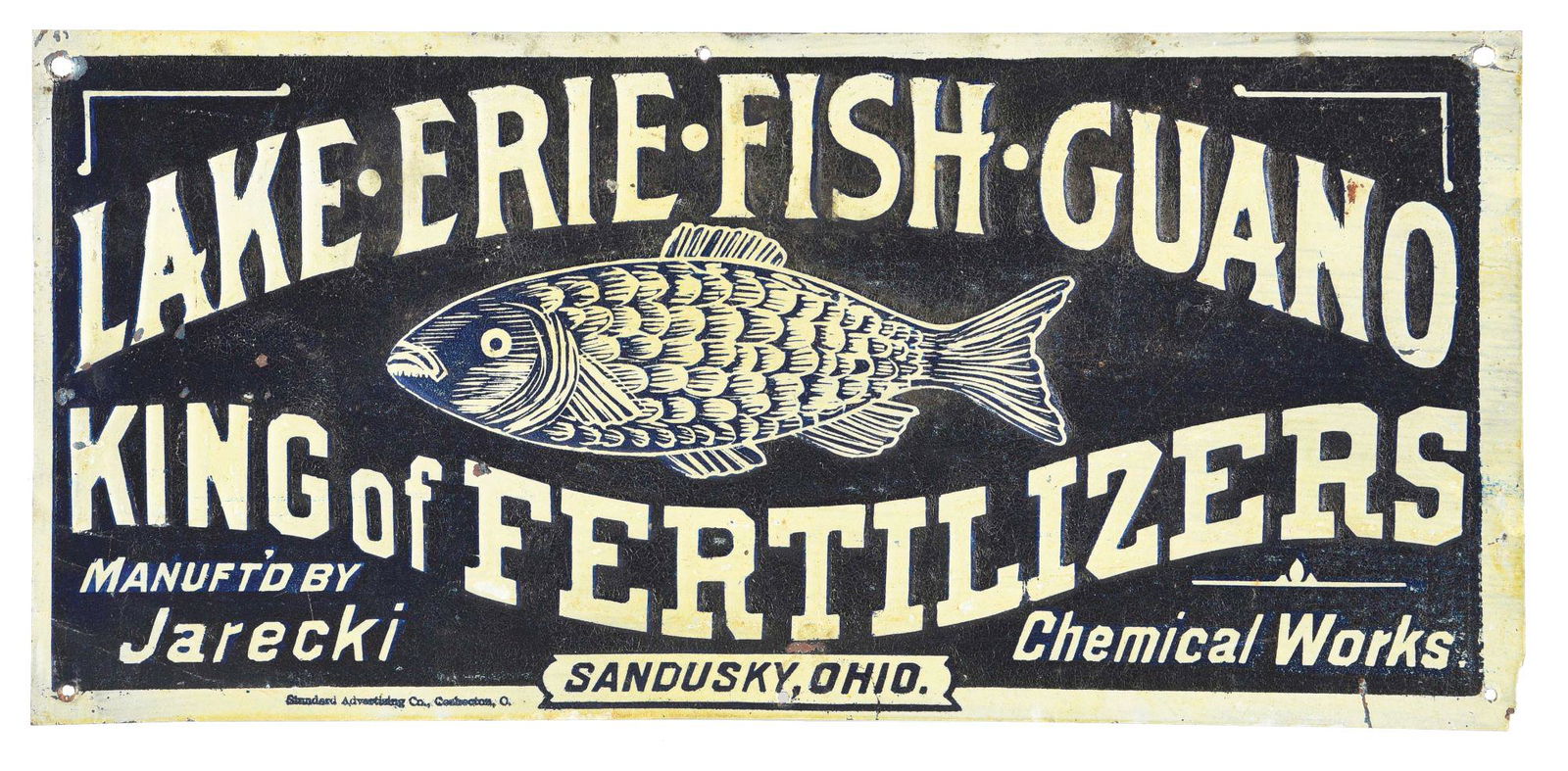 LAKE ERIE FISH GUANO EMBOSSED TIN FERTILIZERS SIGN W/ FISH GRAPHIC. (1 of 3)