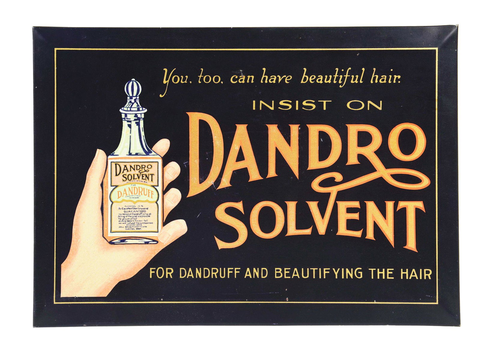 FANDRO SOLVENT TIN-OVER-CARDBOARD SIGN.: TOC. C. 1920's Fandro Solvent "Here to Have Beautiful Hair" tin-over-cardboard advertising sign. CONDITION: Sign has good color with minor nicks to the paint in the field. Sign has minor scratching an
