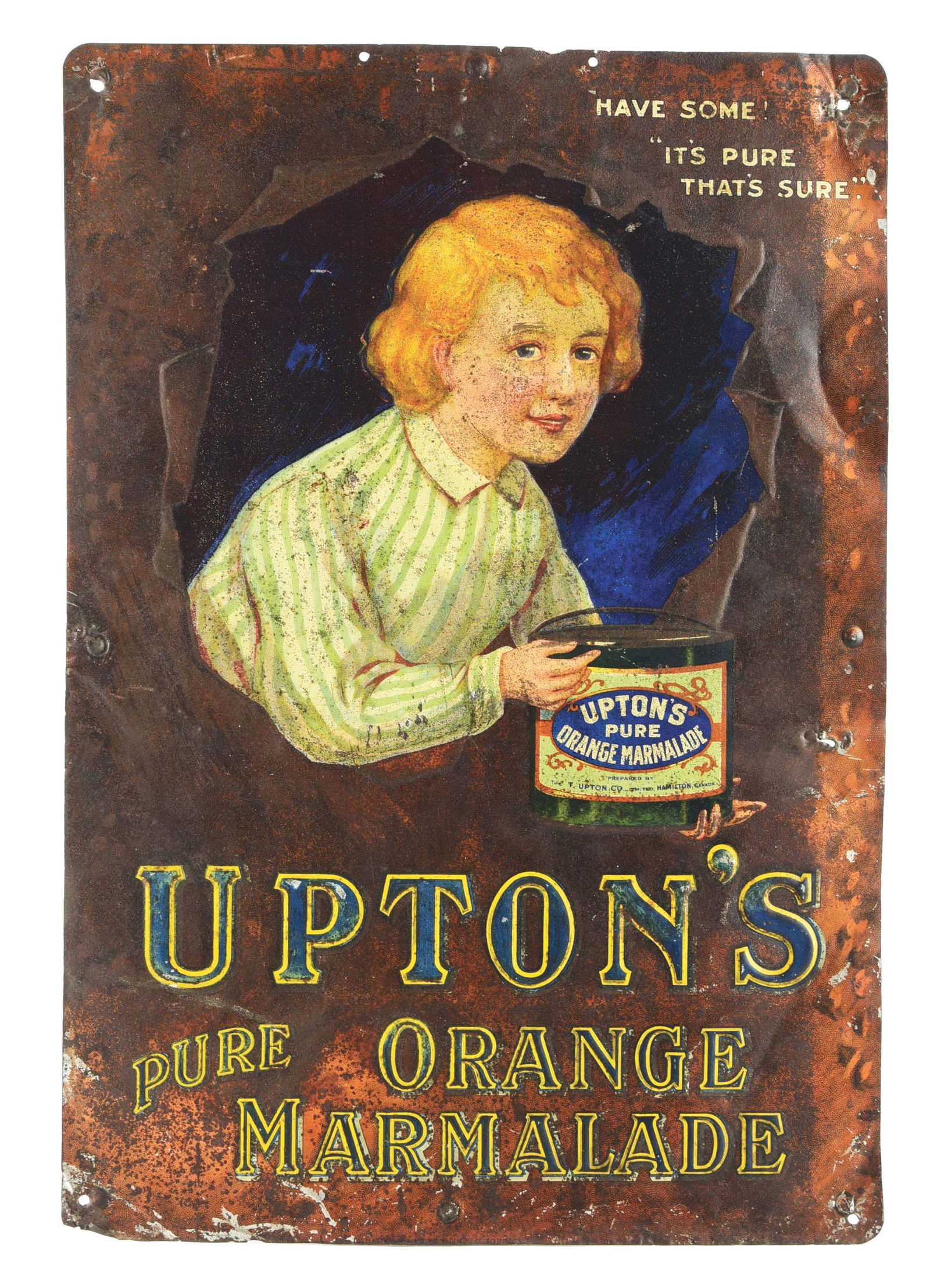 UPTON'S PURE ORANGE MARMALADE EMBOSSED TIN SIGN. (1 of 2)