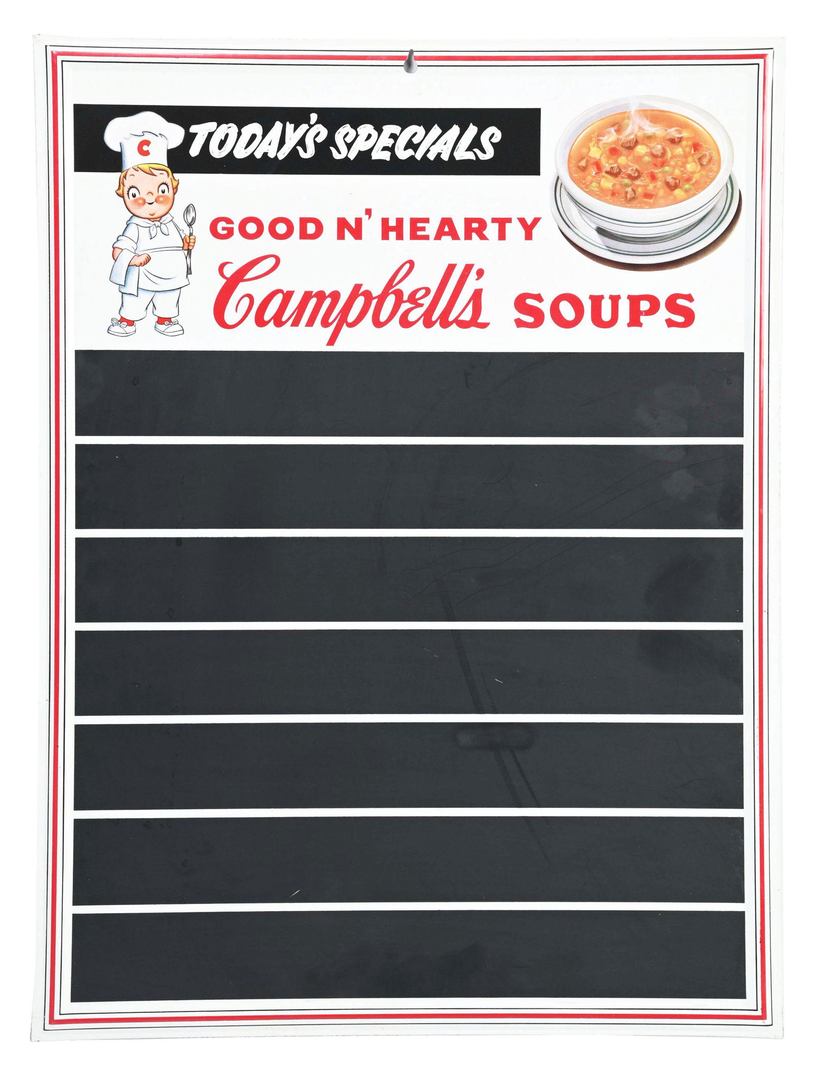 CAMPBELLS SOUPS MENU BOARD W/ SOUP BOWL GRAPHIC. (1 of 3)