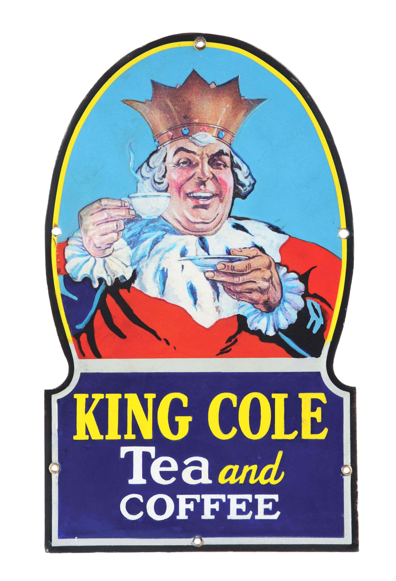 KING COLE TEA AND COFFEE DIE-CUT PORCELAIN SIGN W/ KING COLE GRAPHIC. (1 of 2)