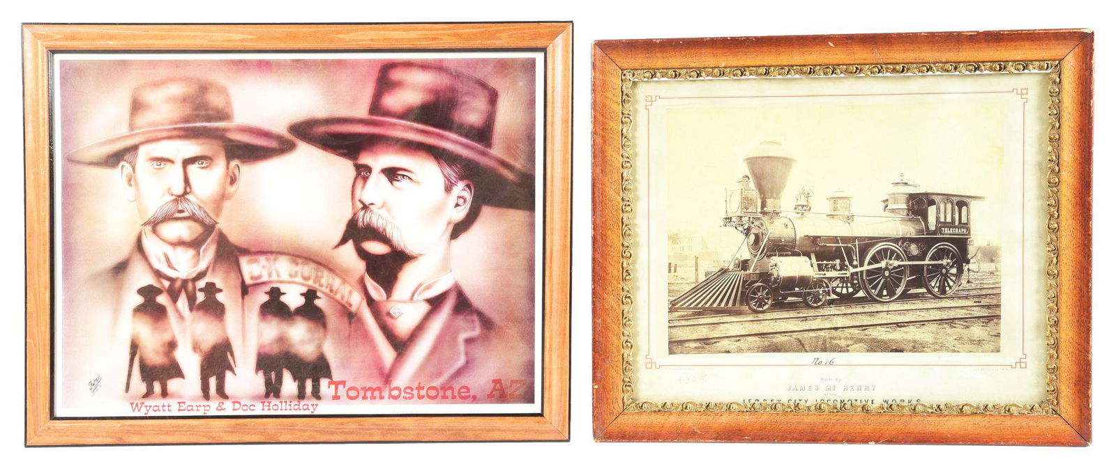LOT OF 2: JERSEY CITY LOCOMOTIVE AND WYATT EARP & DOC HOLLIDAY FRAMED LITHOGRAPHS. (1 of 2)