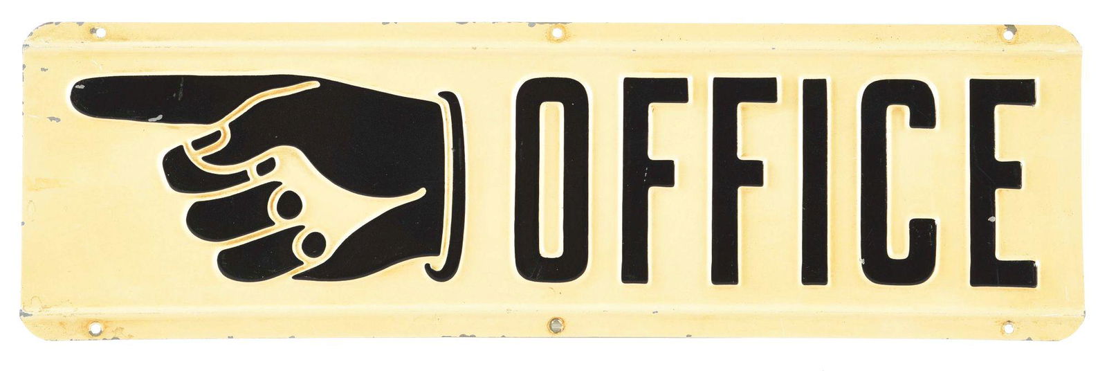 EMBOSSED TIN FINGER POINTING INDUSTRIAL SIGN W/HAND GRAPHIC. (1 of 2)