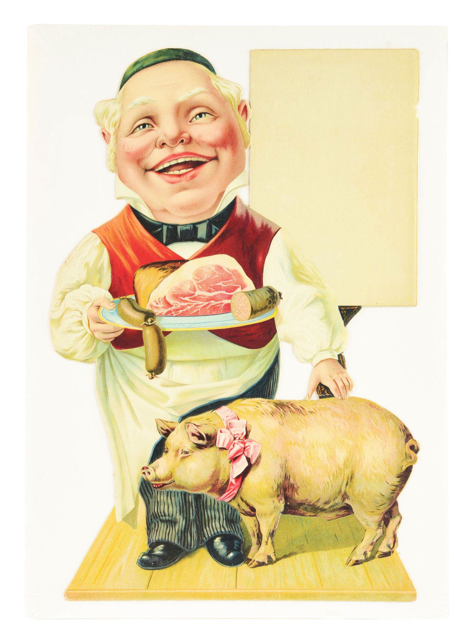 EMBOSSED CARDBOARD LITHOGRAPH W/ BUTCHER GRAPHIC. (1 of 2)