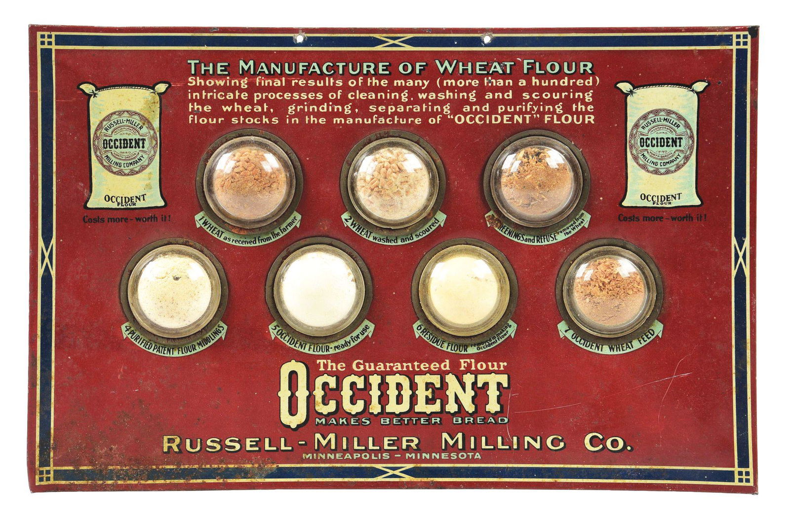 OCCIDENT MILLING CO. TIN-OVER-CARDBOARD ADVERTISING SIGN. (1 of 2)