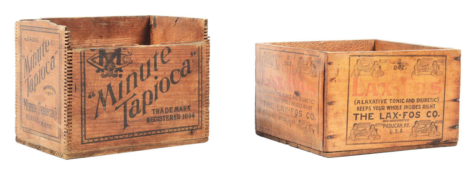 COLLECTION OF 2 EARLY WOODEN CRATES W/ ADVERTISING. (1 of 3)
