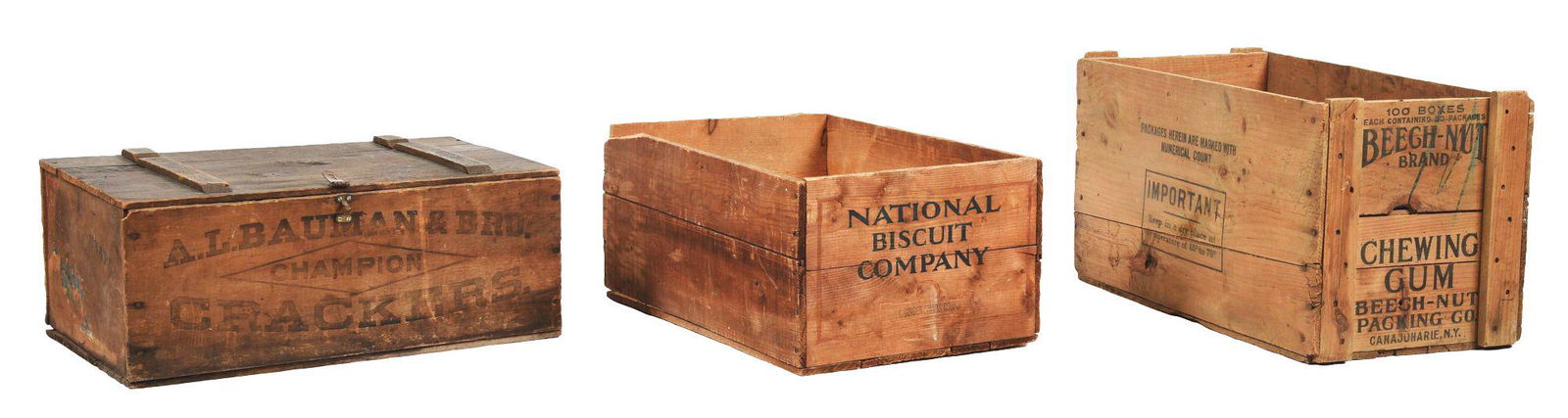 LOT OF 3: CHEWING GUM, BISCUIT AND CRACKER WOODEN CRATES. (1 of 3)